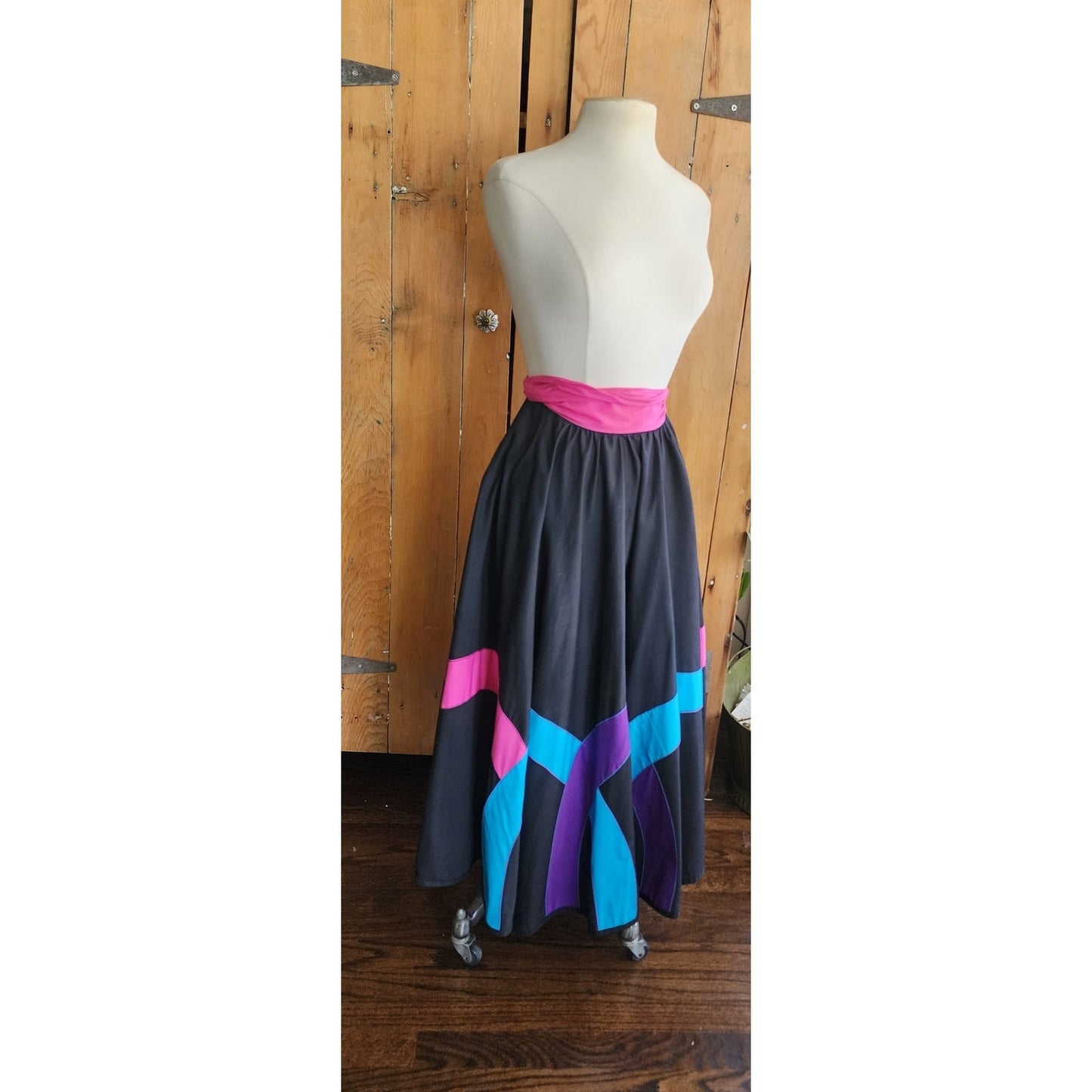 Vintage 80s Circle Skirt Multicolored Cotton Applique Converts to Strapless Dress Opus 1