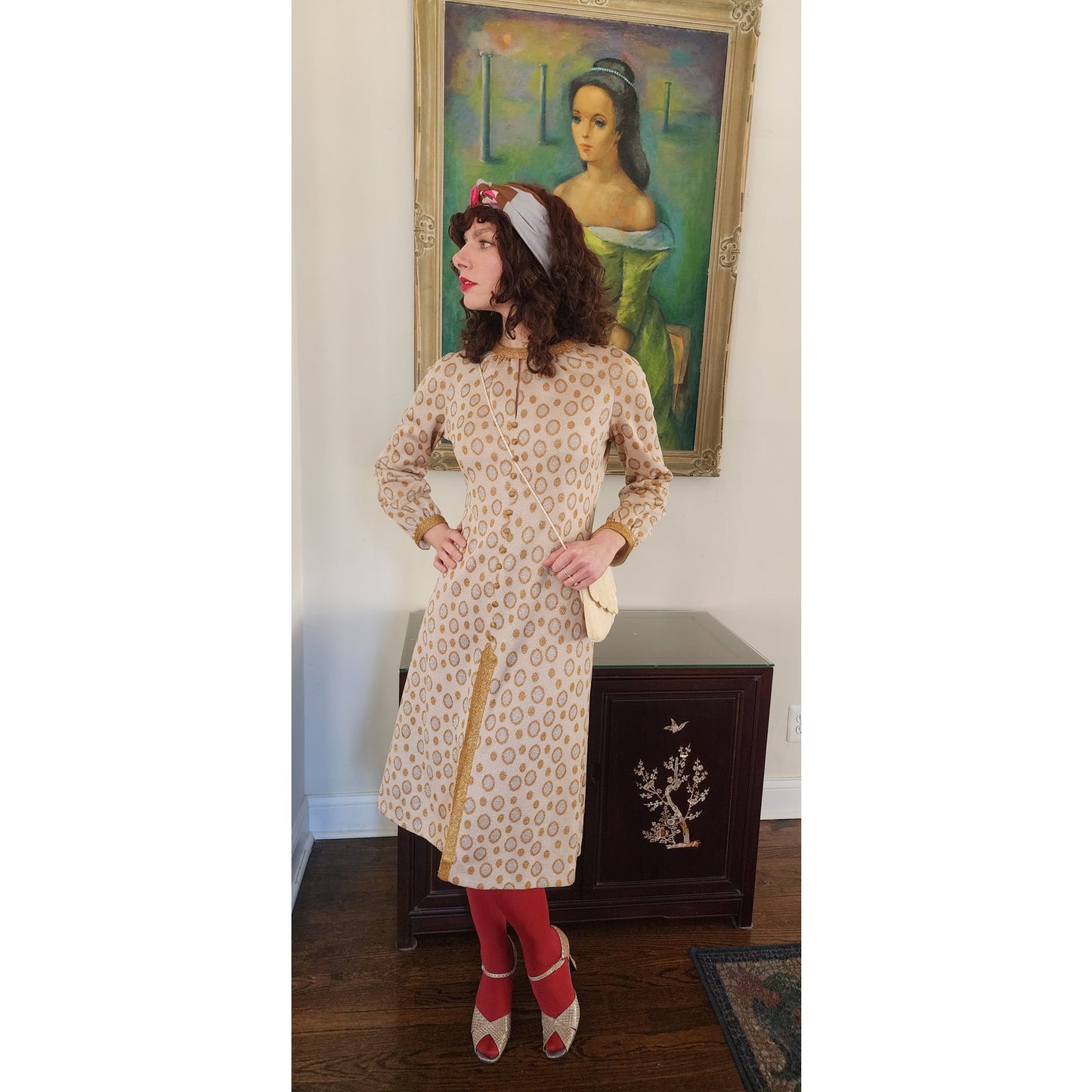 Vintage 60s Metallic Print Dress Beige Gold Tannel Knits / M