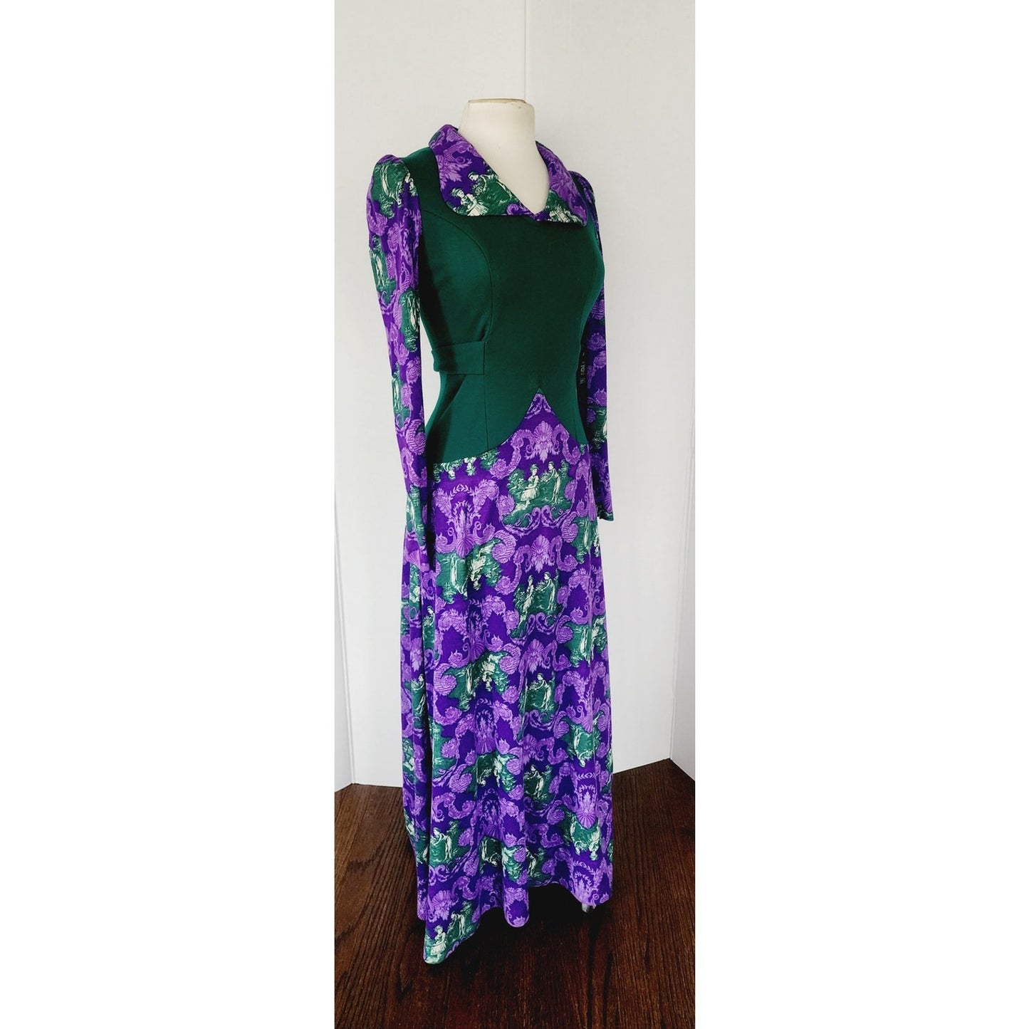 Vintage 70s Maxi Dress Purple French Toile Print & Hunter Green Jody California