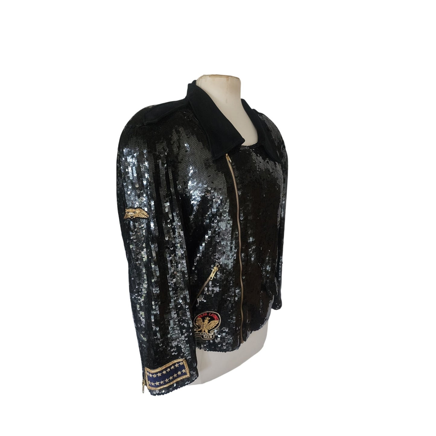 Vintage 80s Bomber Jacket Black Sequins Gold Eagle Motorcycle Patches Neiman Marcus / L