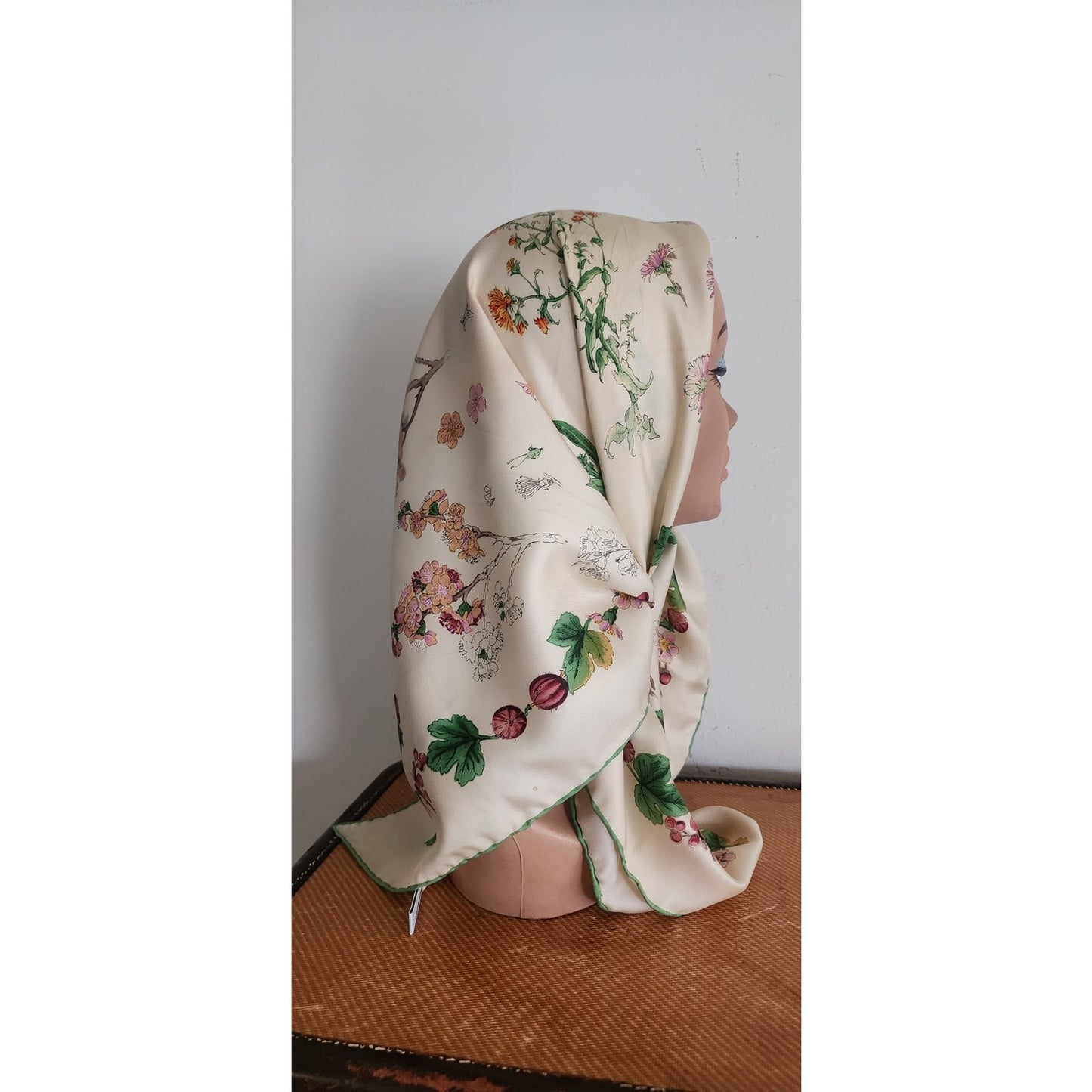 Vintage Tiffany & Co. Scarf Silk Square Botanical Floral Theme Green Cream