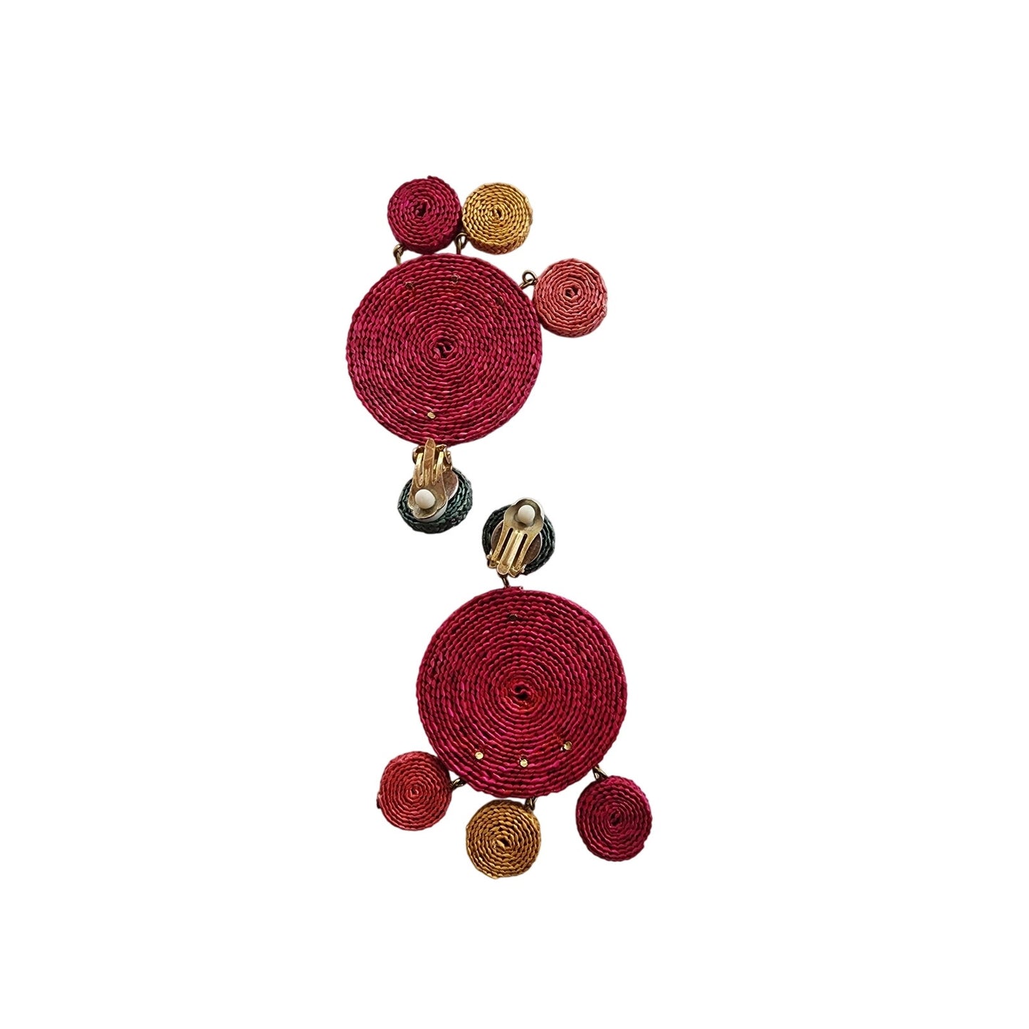 Vintage 80s Dangly Earrings Raffia Weave Colorful Clip-Ons