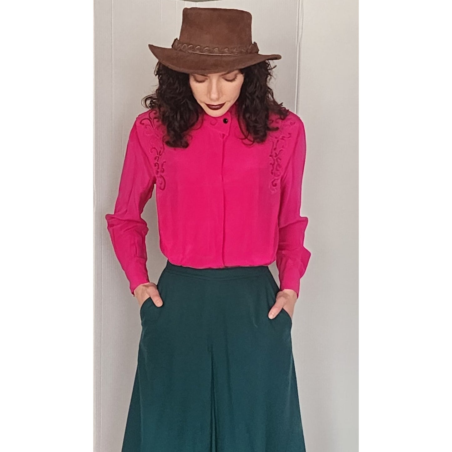 Vintage 80s Fuschia Pink Silk Blouse w/Embroidery Paul Alexander