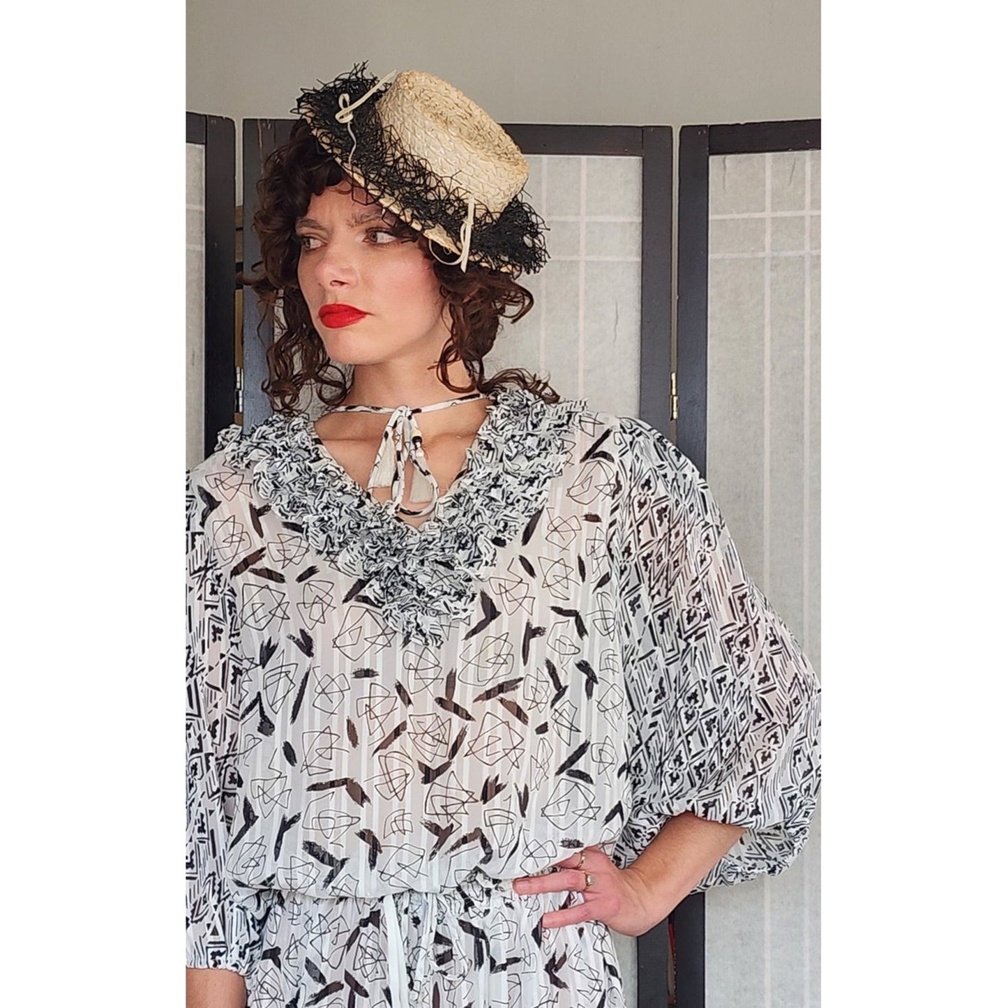Vintage 1980s Diane Freis Fishtail Skirt Blouse Set Black White Georgette Graphic Print