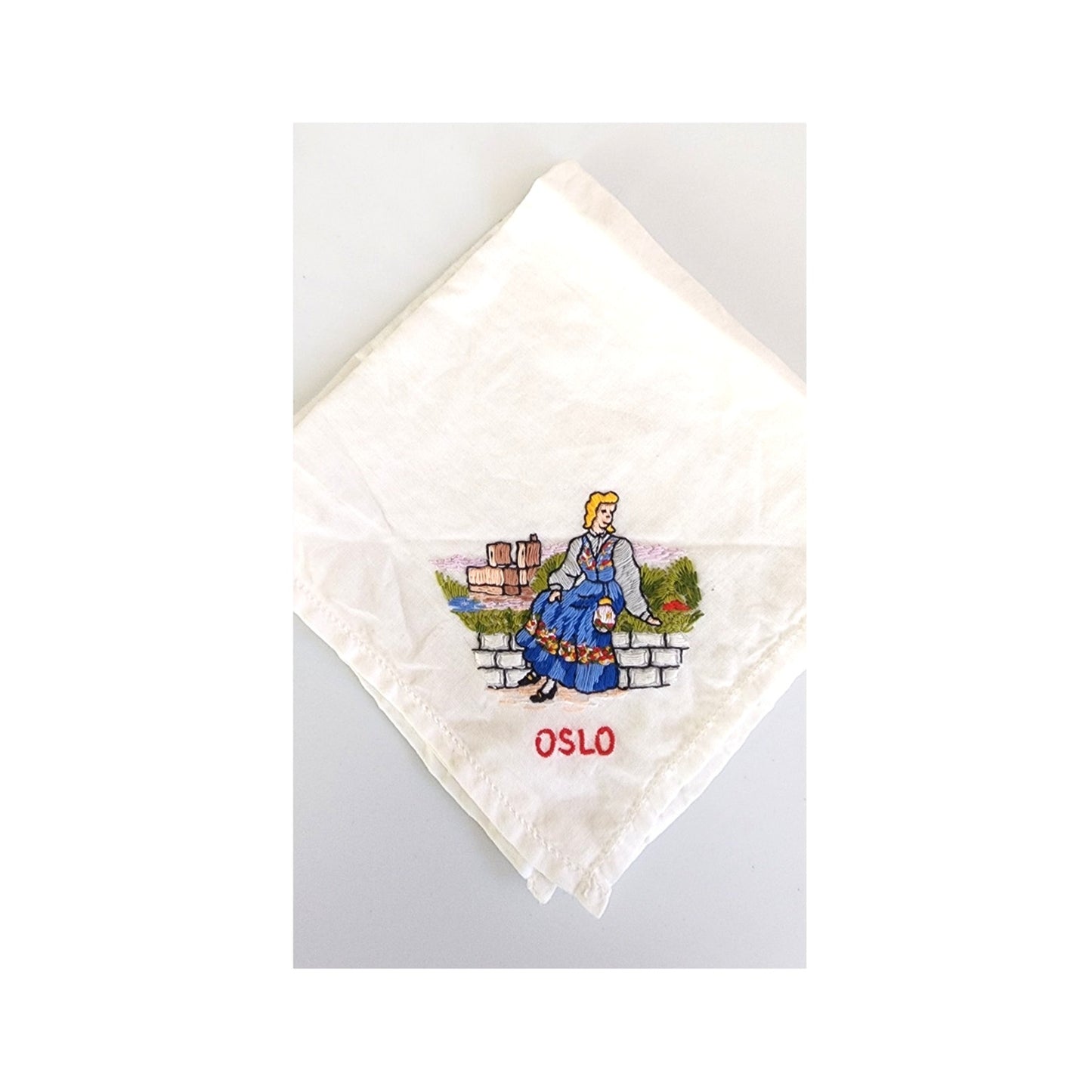 Vintage Embroidered Handkerchiefs Lot of Seven /European City Countries France Oslo Bern Vienna Basel