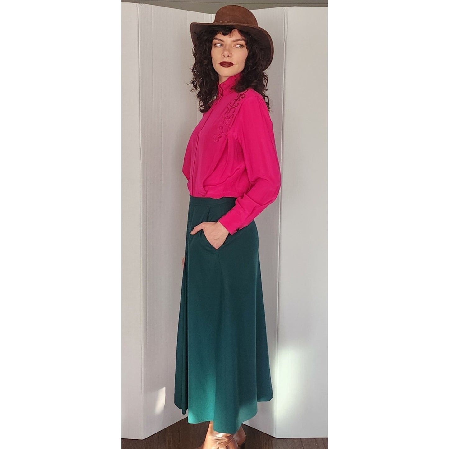 Vintage 70s Dark Green Wool Skirt HIgh Waisted Ankle Length Skyr / Small