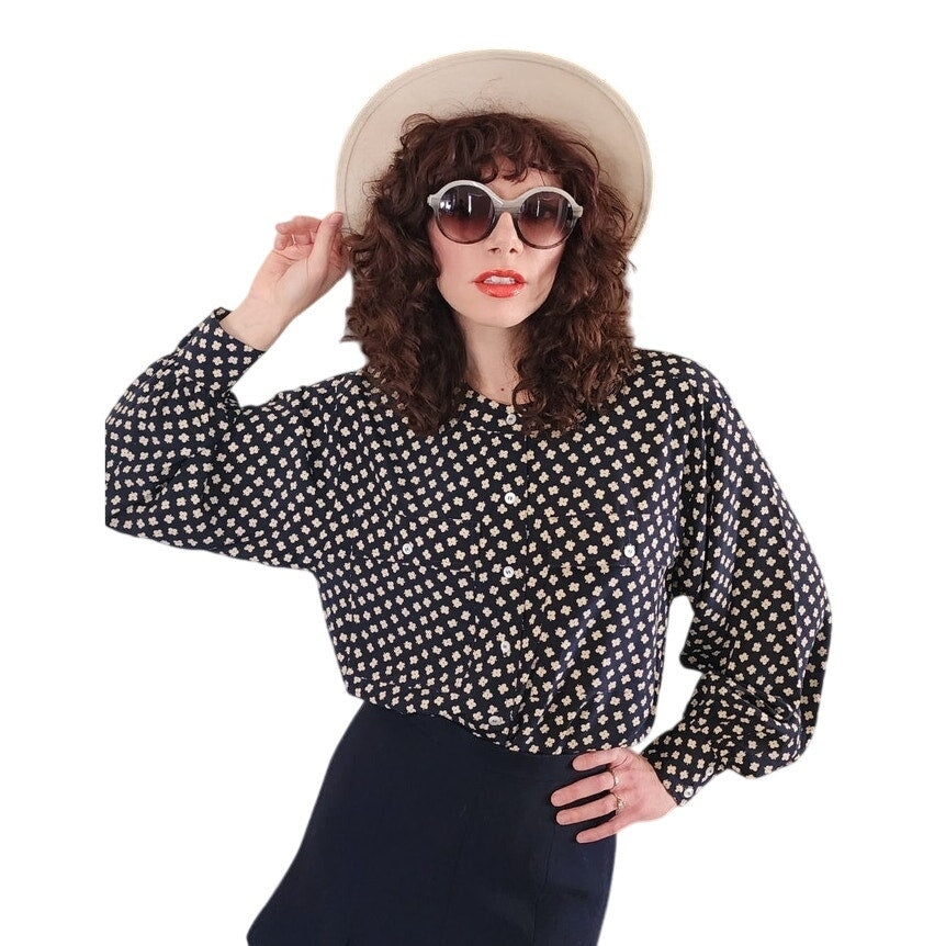 Vintage 80s Escada Blouse Navy Blue White Silkprint Shirt