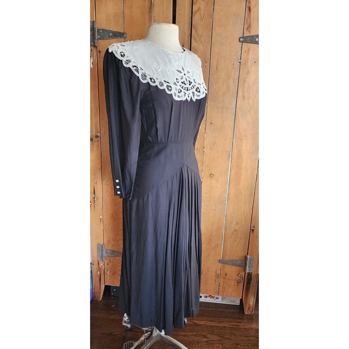 Vintage 80s Black Dress Lace Collar Neo Edwardian
