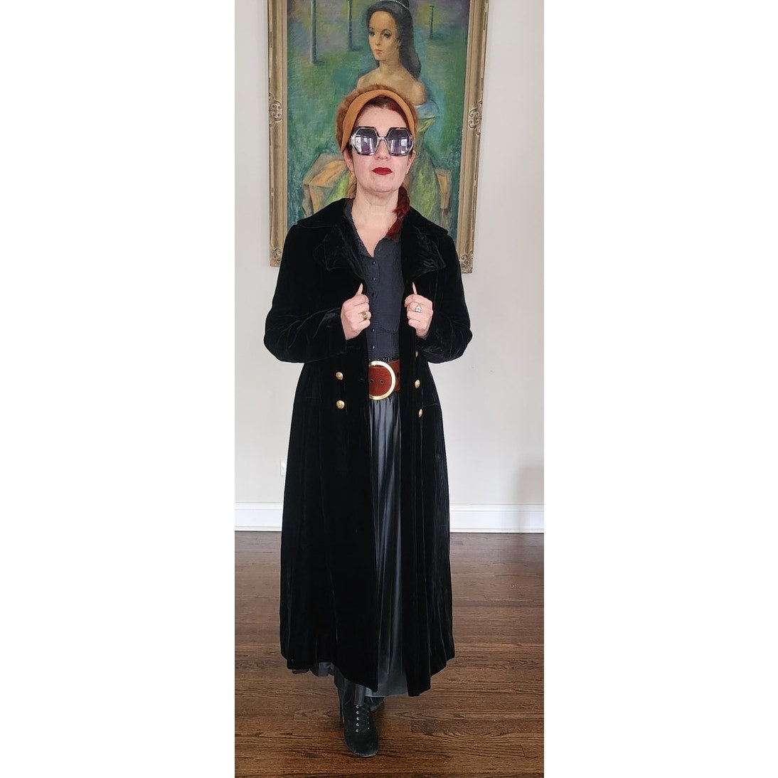 Vintage 60s Black Velvet Opera Coat Double Breasted Gold Buttons