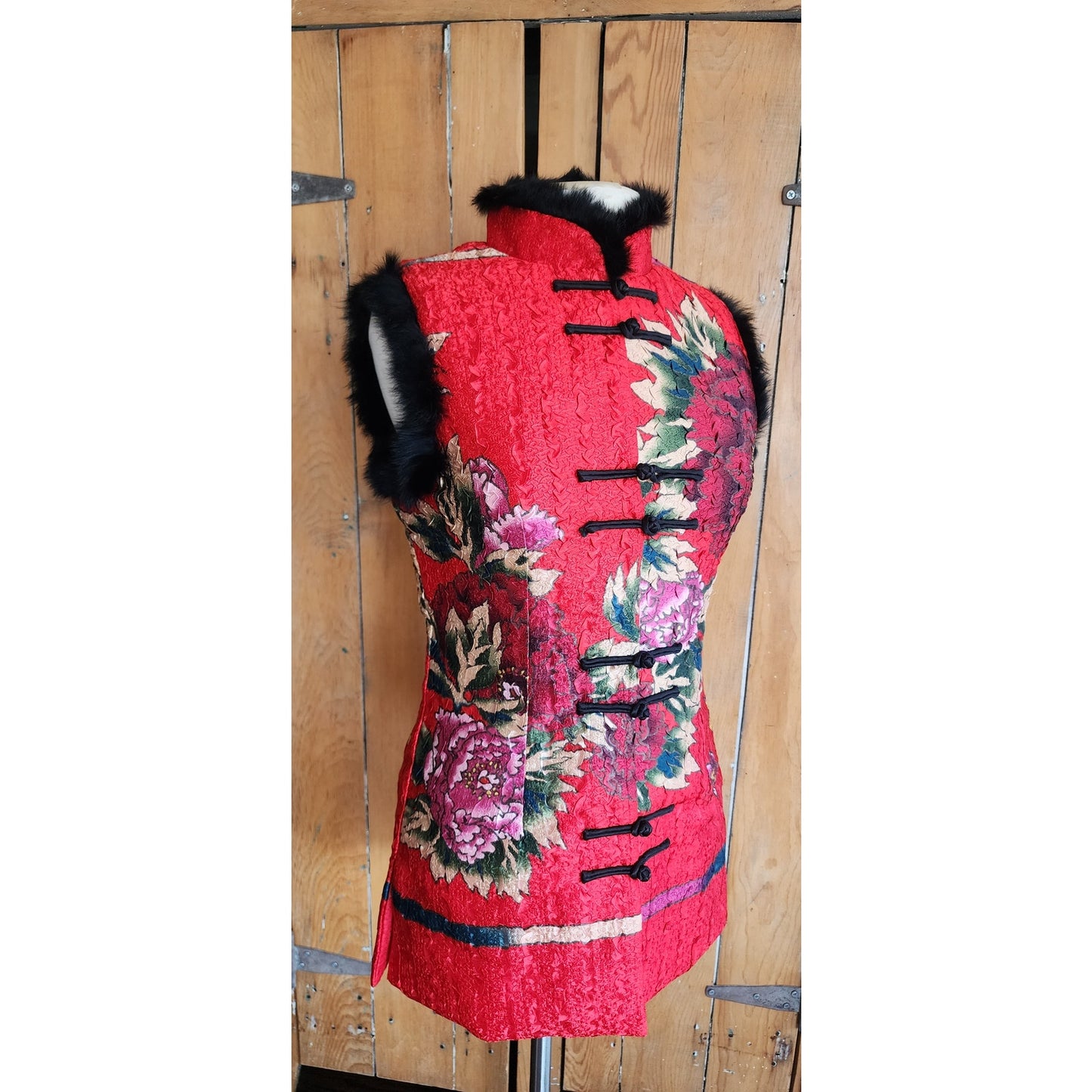 Chinese Costume Style Vest Waistcoat Rabbit Fur Trim Quilted Red Floral Print / XL