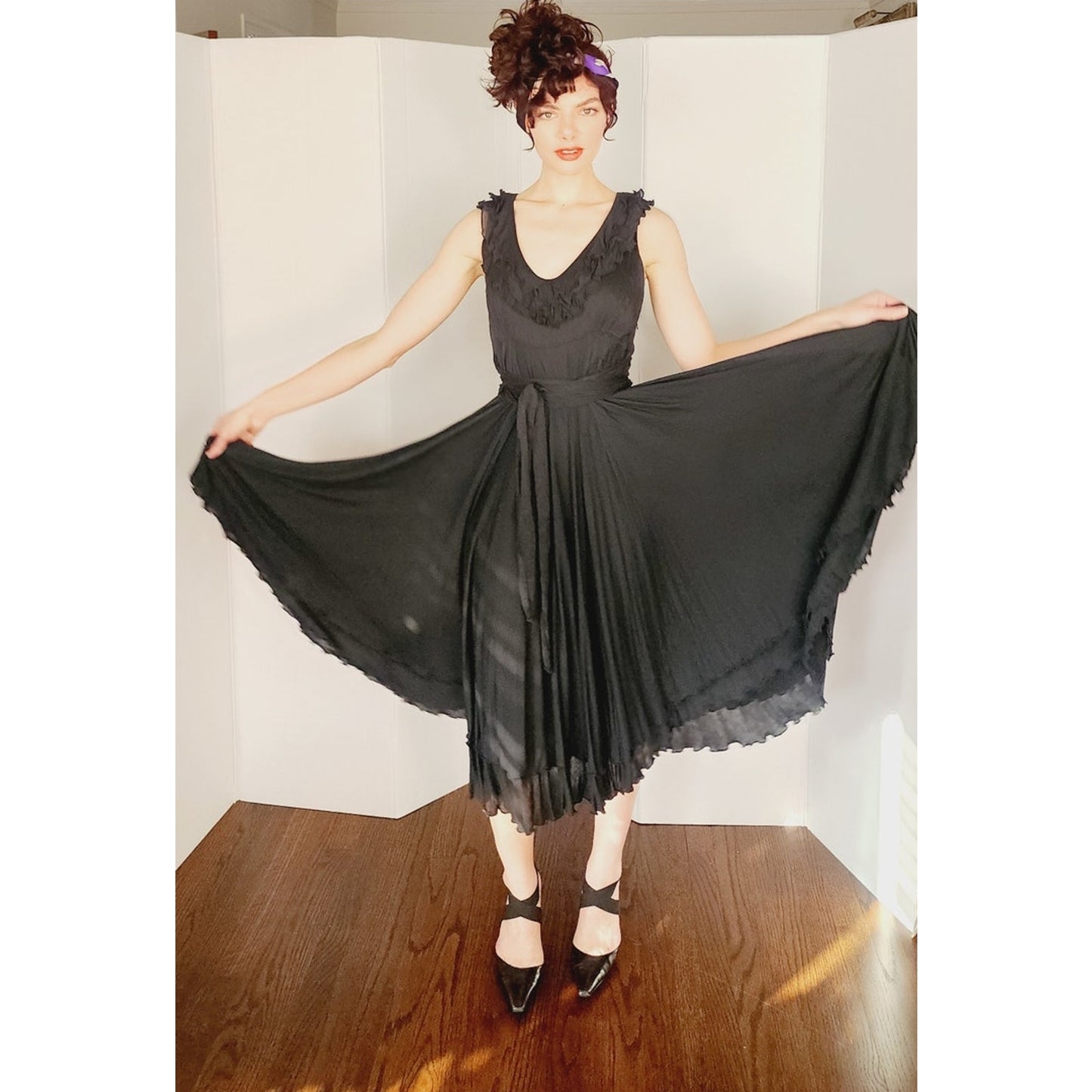 Vintage 2000s Etro Sun Dress Black Cotton w/ Asymmetrical Skirt Medium