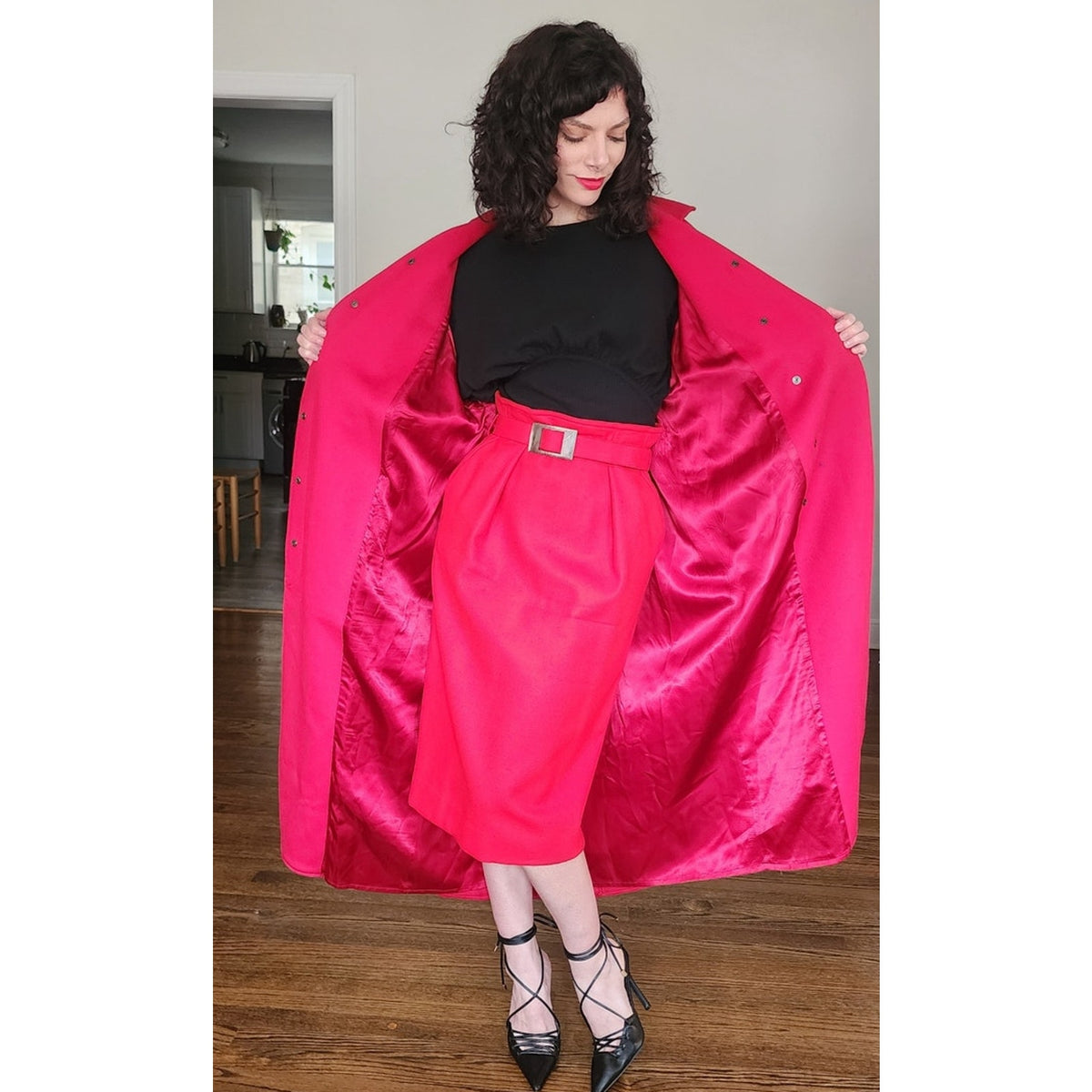 Vintage 80s Red Wool Coat Long w/Belt Ramosport Paris