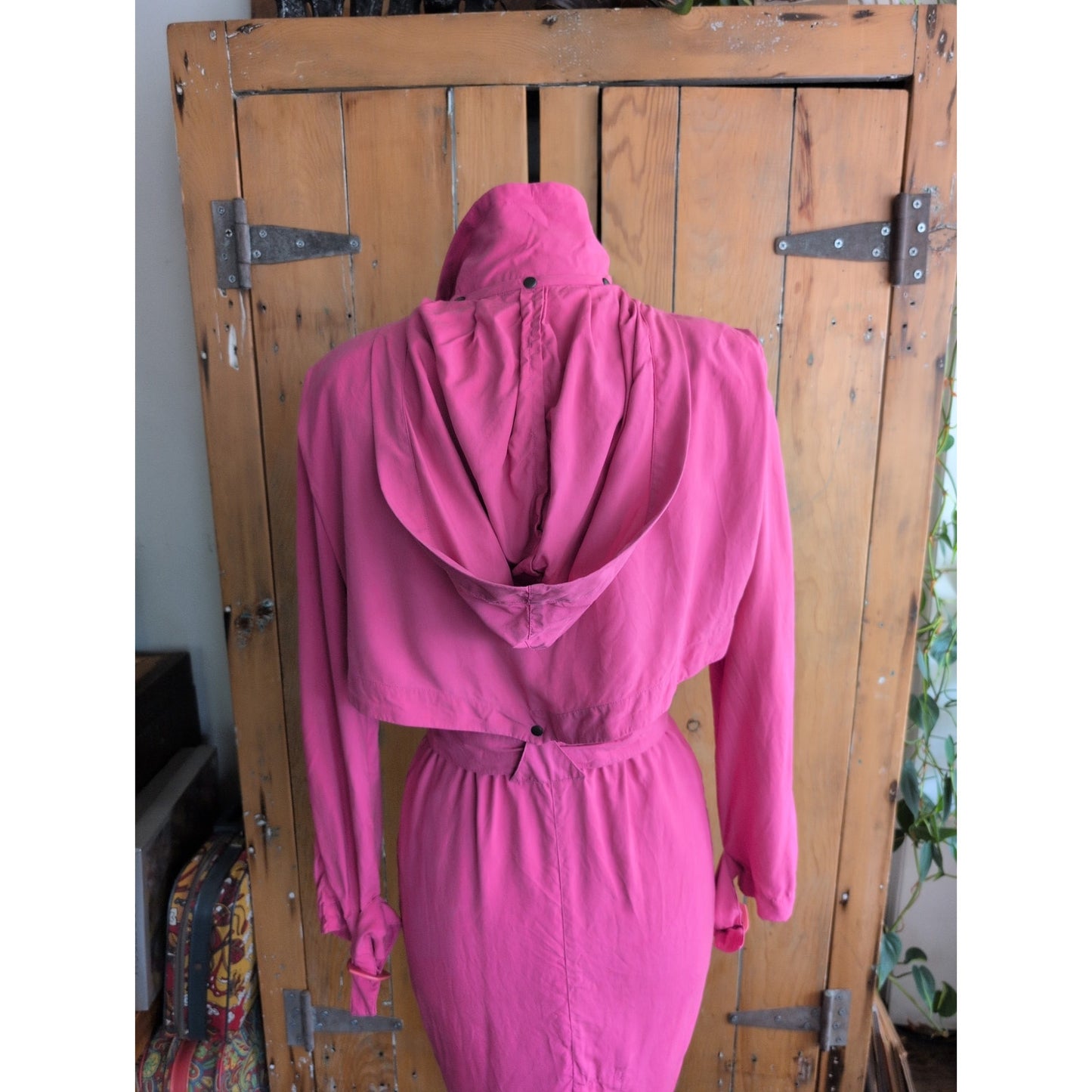 Vintage 80s Pink Silk Dress Long Sleeves Belt & Hood / S