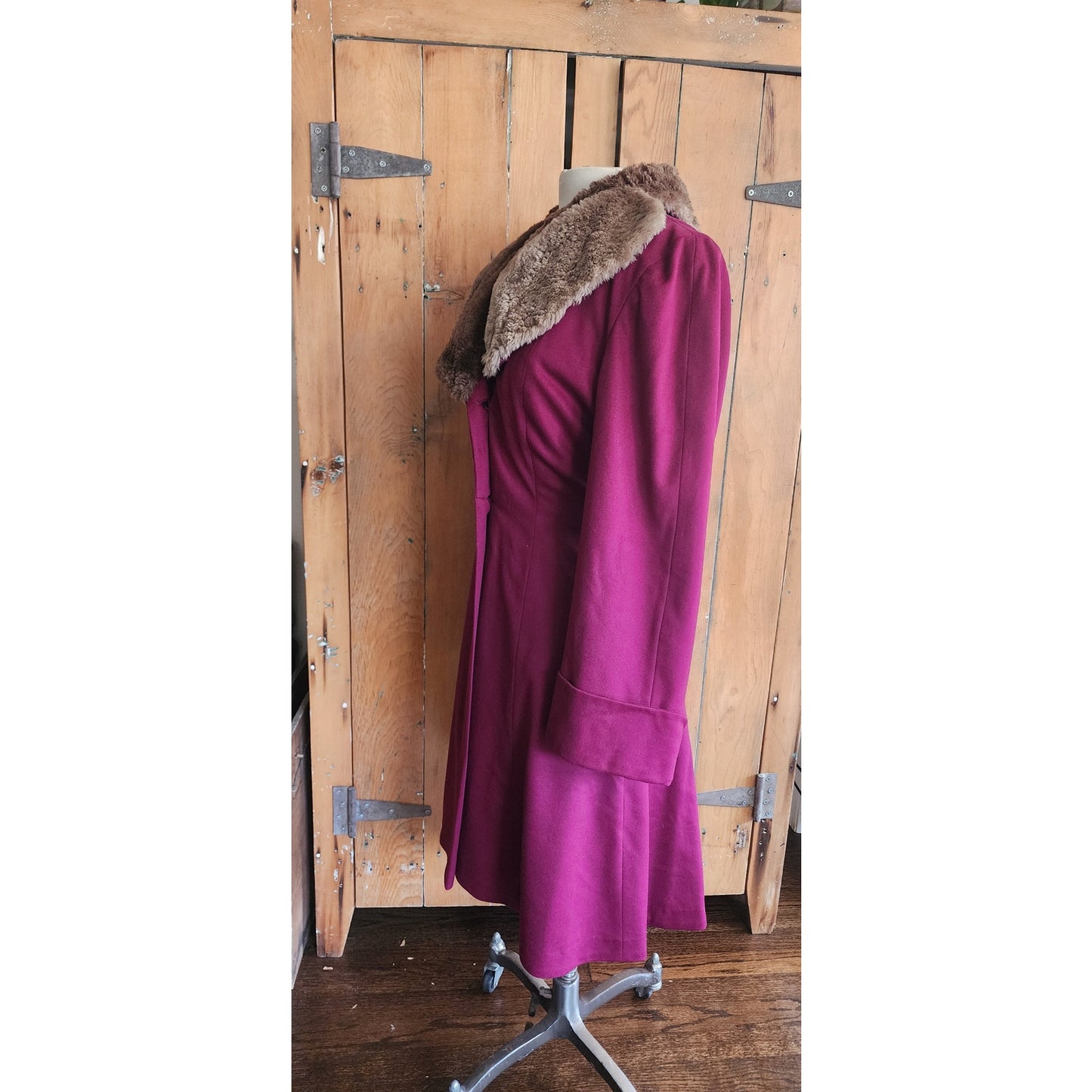 Vintage 1940s Purple Wool Princess Coat Sheared Beaver Fur Collar Double Breasted