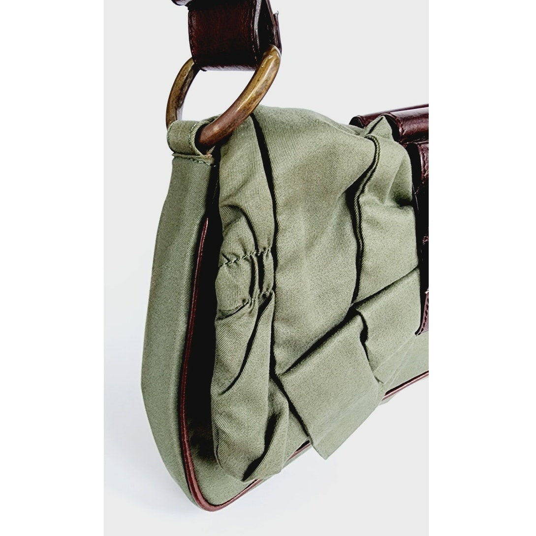 Vintage John Galliano Bag Green Fabric & Brown Leather w/ Bow Design