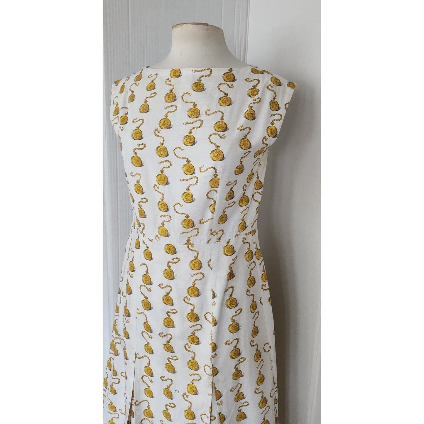 Vintage 60s Clocks Novelty Print Dress + Jacket Set Gold Pocket Watch