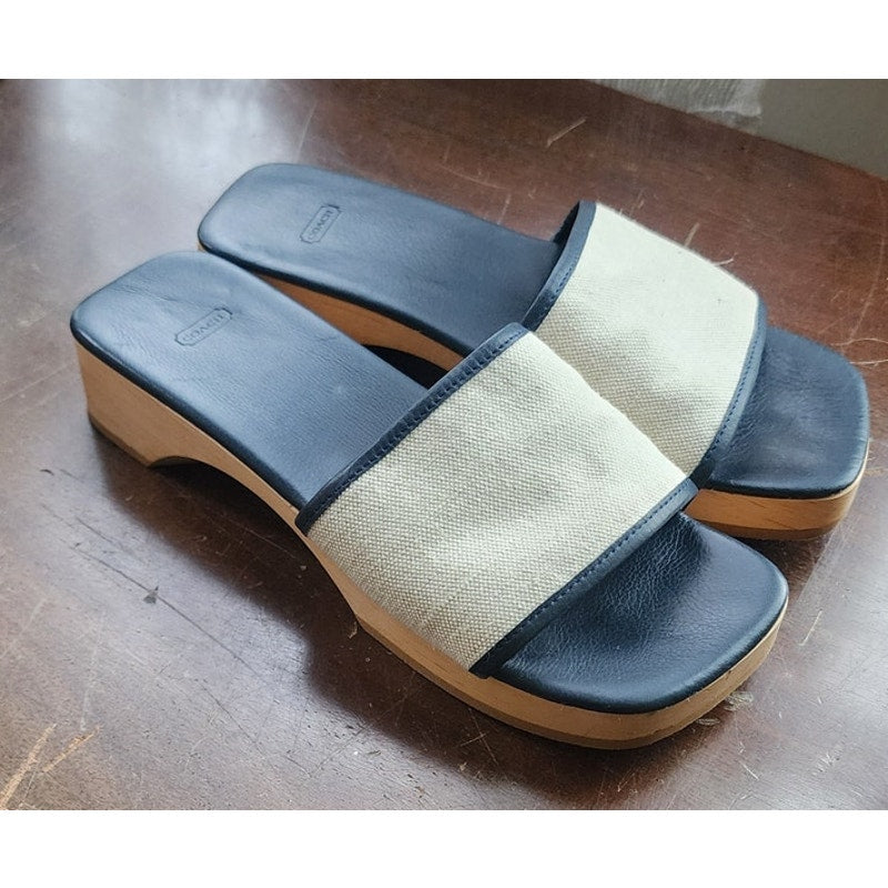 COACH Mules Canvas & Wood Block Heel Slides Sandals 7