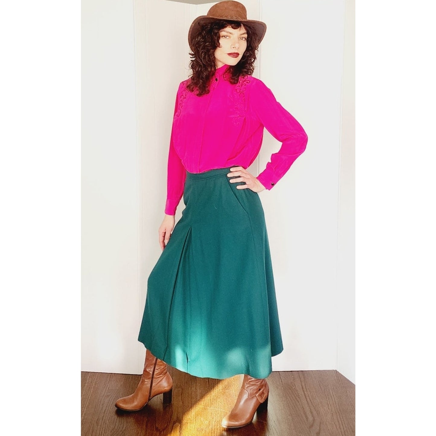 Vintage 70s Dark Green Wool Skirt HIgh Waisted Ankle Length Skyr / Small