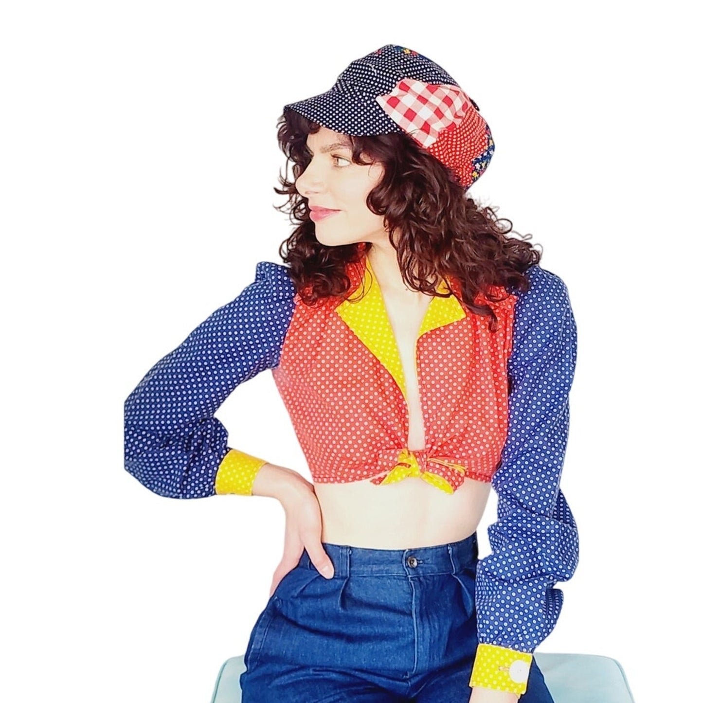 Vintage 70s Crop Top Tie Front Gingham Colorblock Hippie Boho Sweet Baby Jane