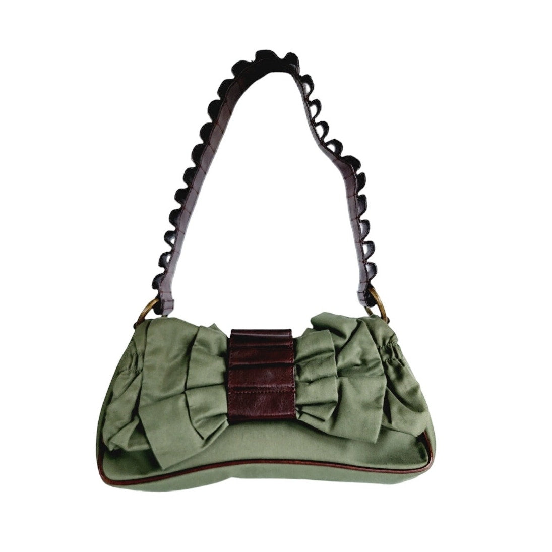 Vintage John Galliano Bag Green Fabric & Brown Leather w/ Bow Design