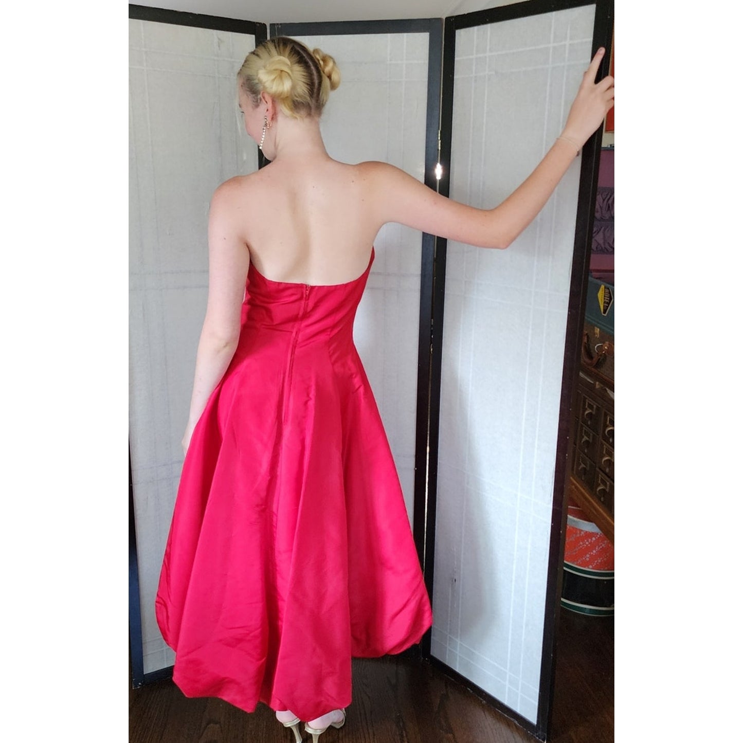 Vintage 80s Red Party Dress Strapless w/ Bubble Skirt & Bow by Climax