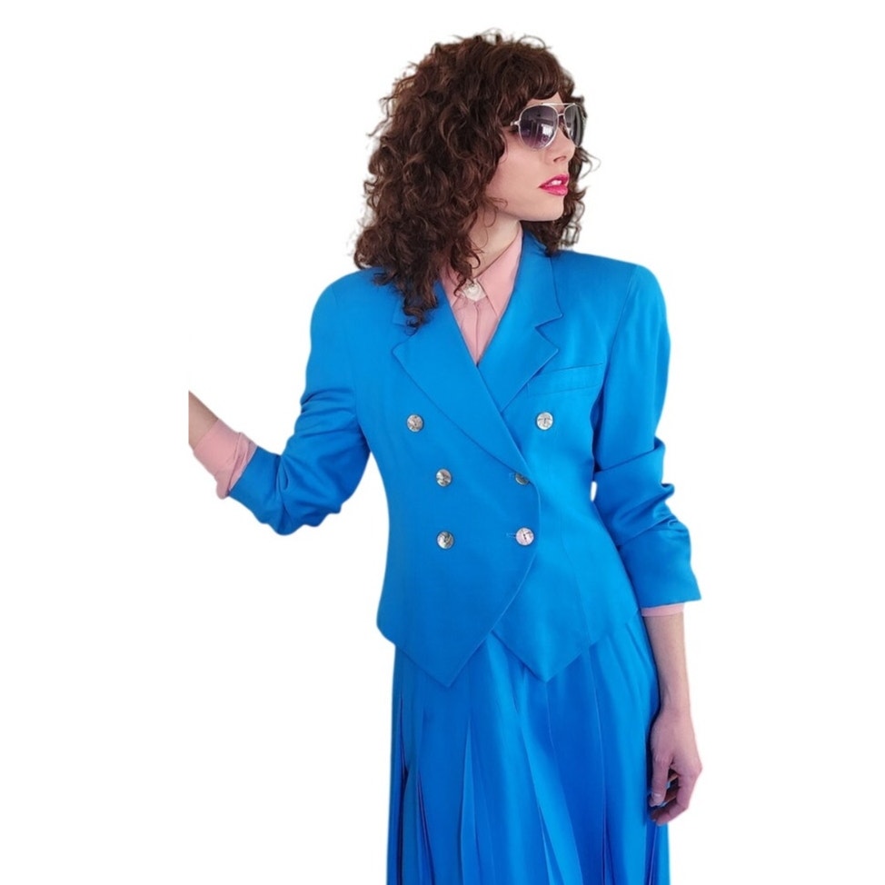 Vintage 80s Christian Dior Skirt Suit Turquoise Blue Wool Pleated Skirt / M