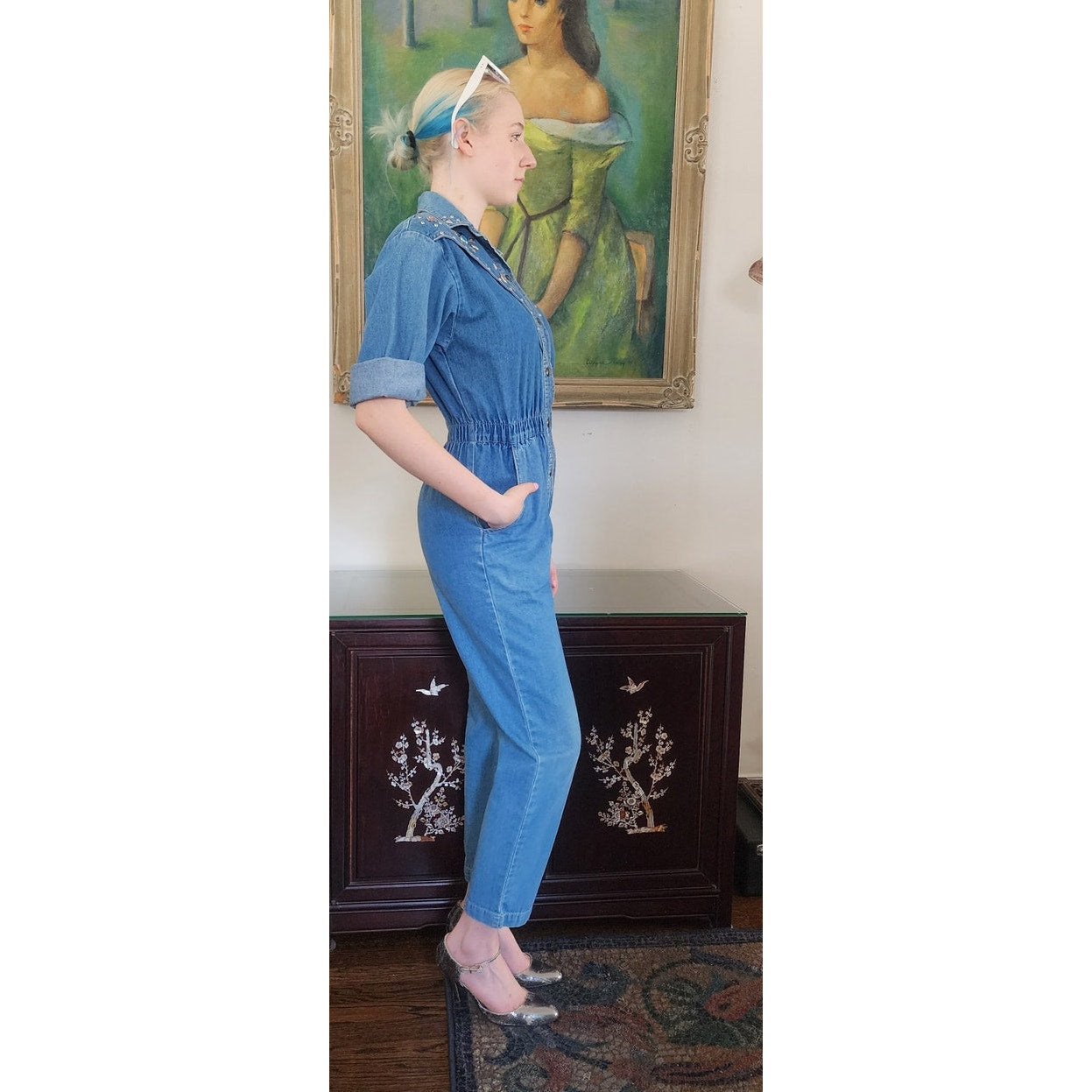 Vintage 80s Denim Jumpsuit w/Silver Studs Elastic Waist / Small