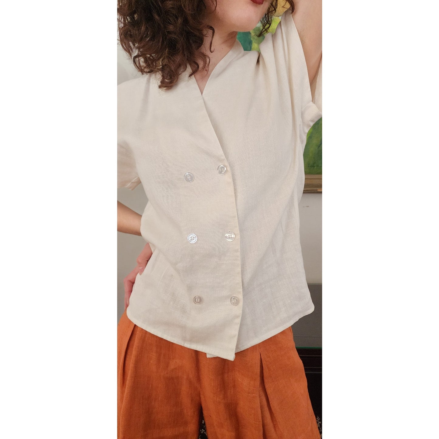 Vintage 90s Linen Blouse Short Sleeved Cream Linen / S