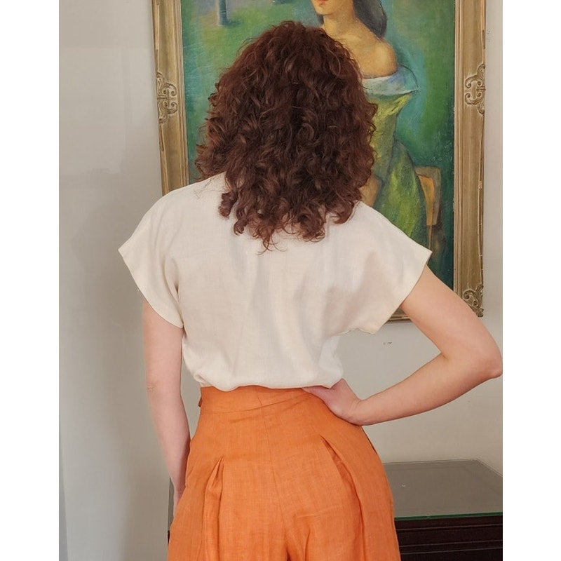 Vintage 90s Linen Blouse Short Sleeved Cream Linen / S