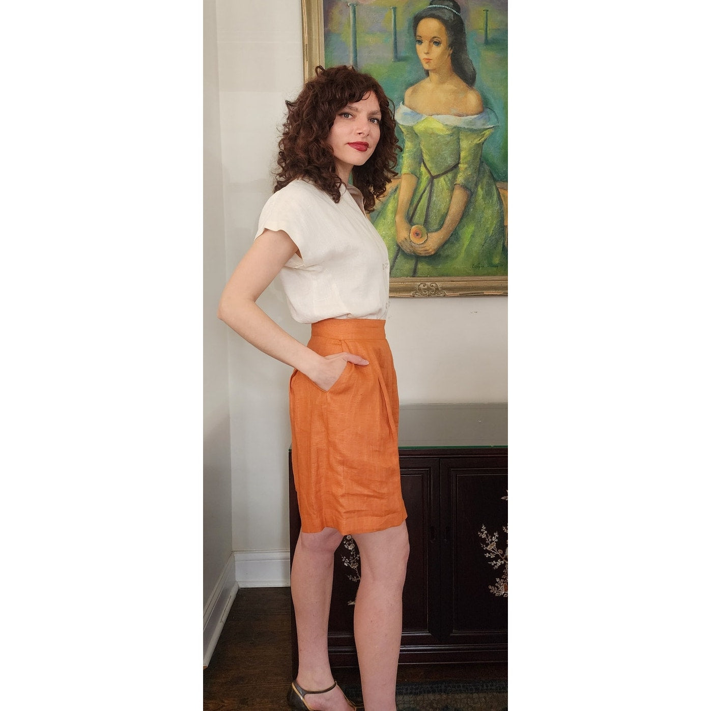 Vintage 80s Orange Linen Dress Shorts Pleated Front by Perlie / M