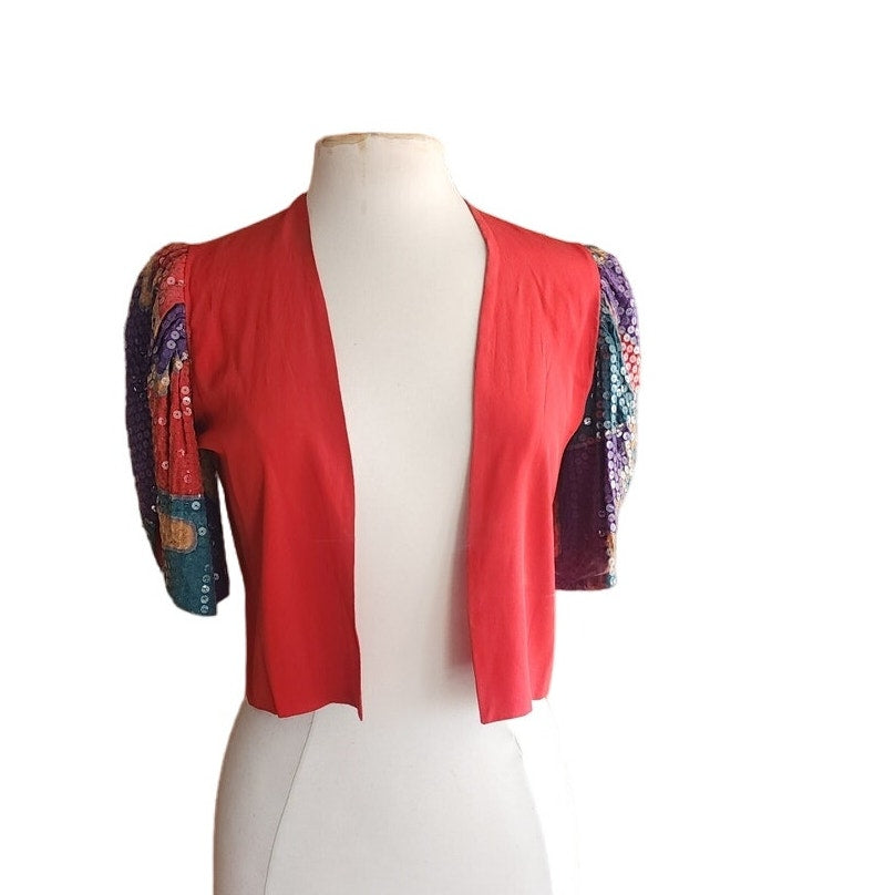 80s Cropped Jacket Red Silk + Sequined Sleees Sansappelle