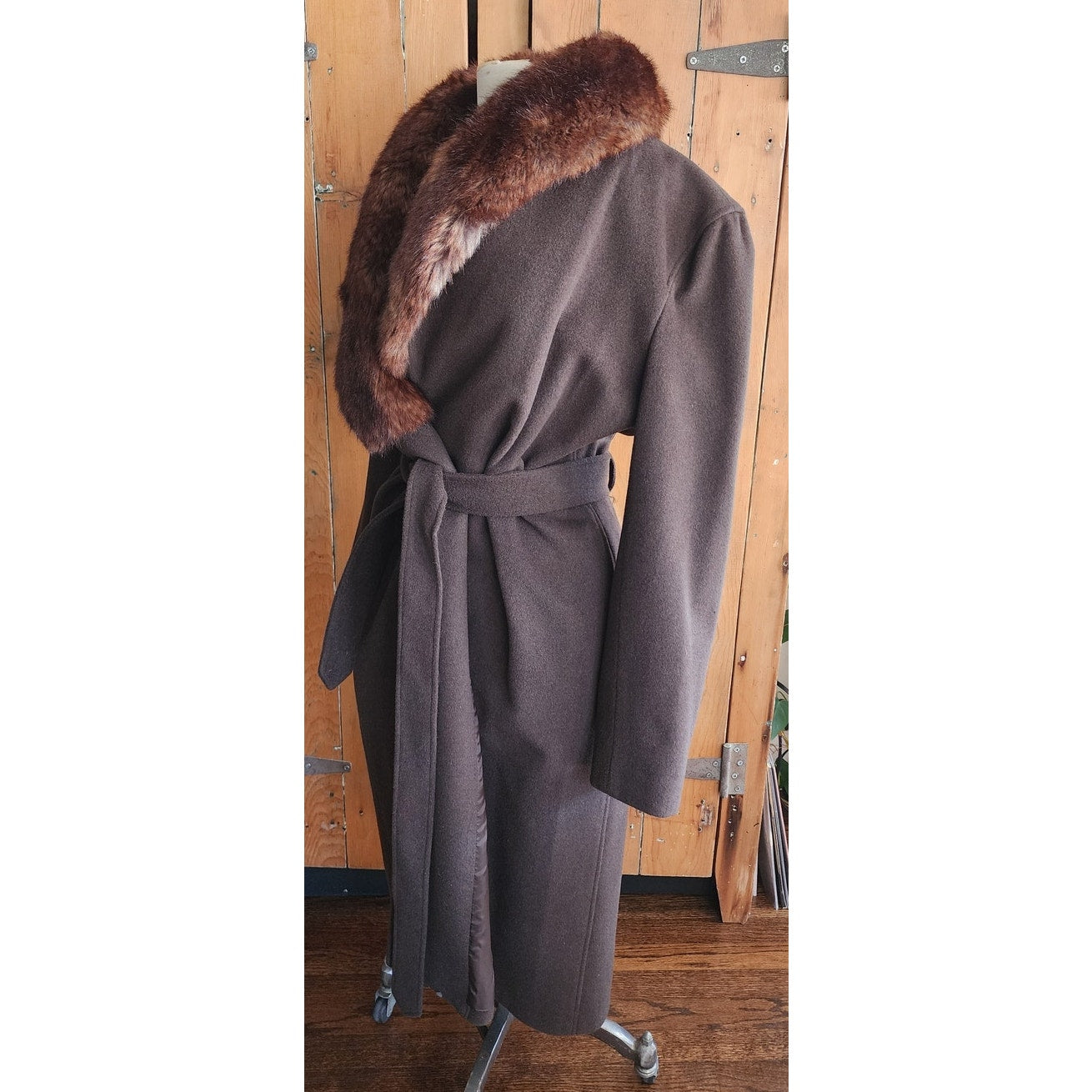 90s Brown Wool Coat Faux Fur Collar Ralph Lauren