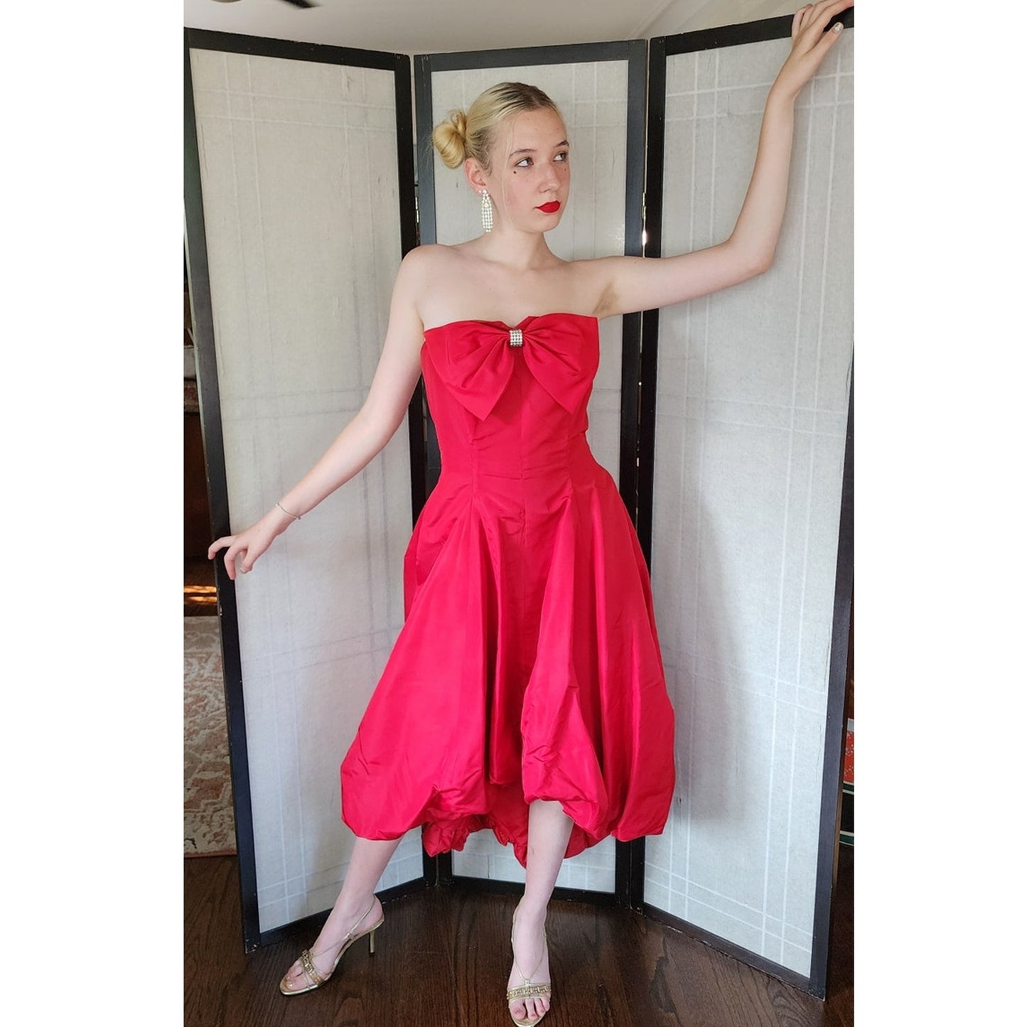 Vintage 80s Red Party Dress Strapless w/ Bubble Skirt & Bow by Climax
