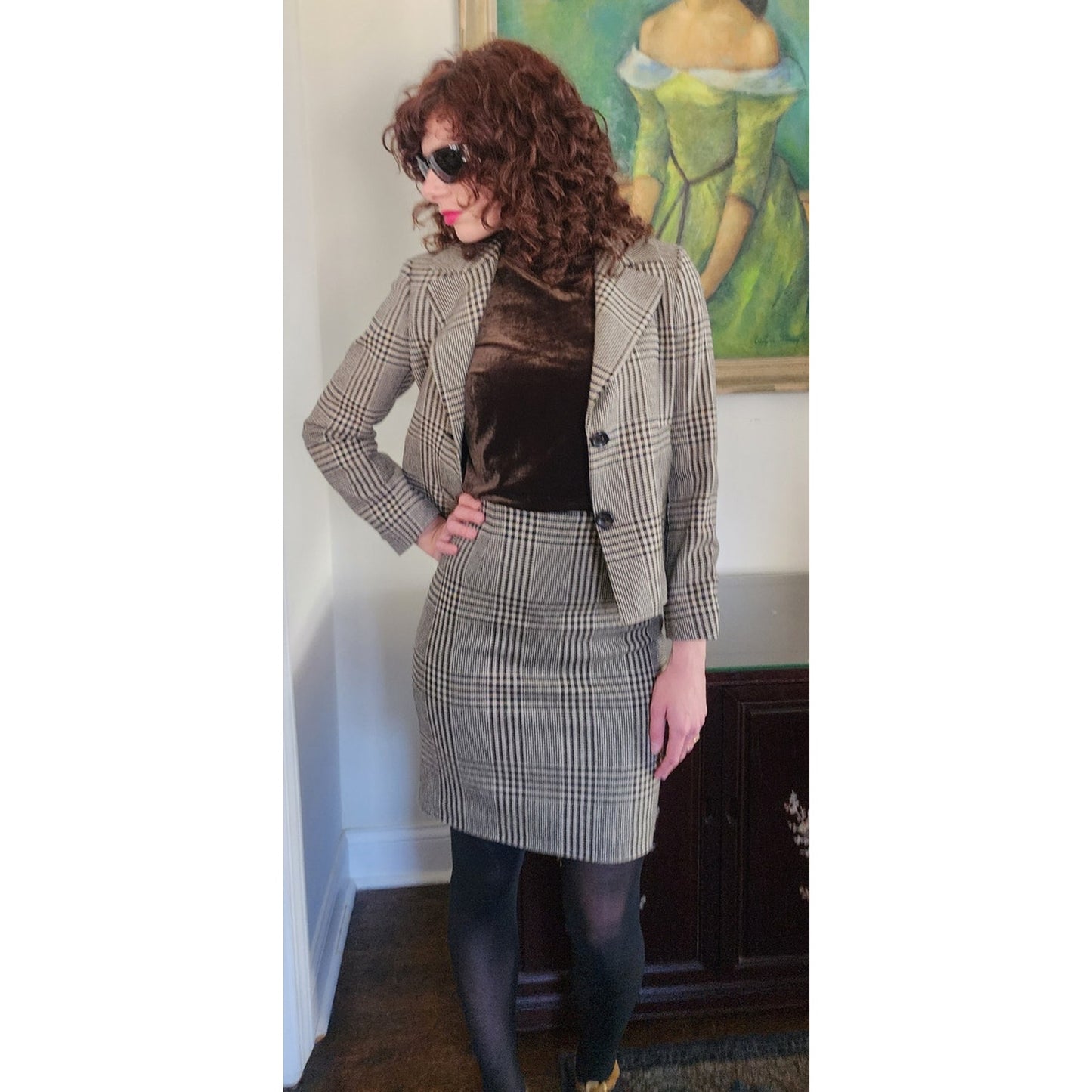 Vintage 1990s Brooks Brothers Skirt Suit Moon Wool Houndstooth Black White