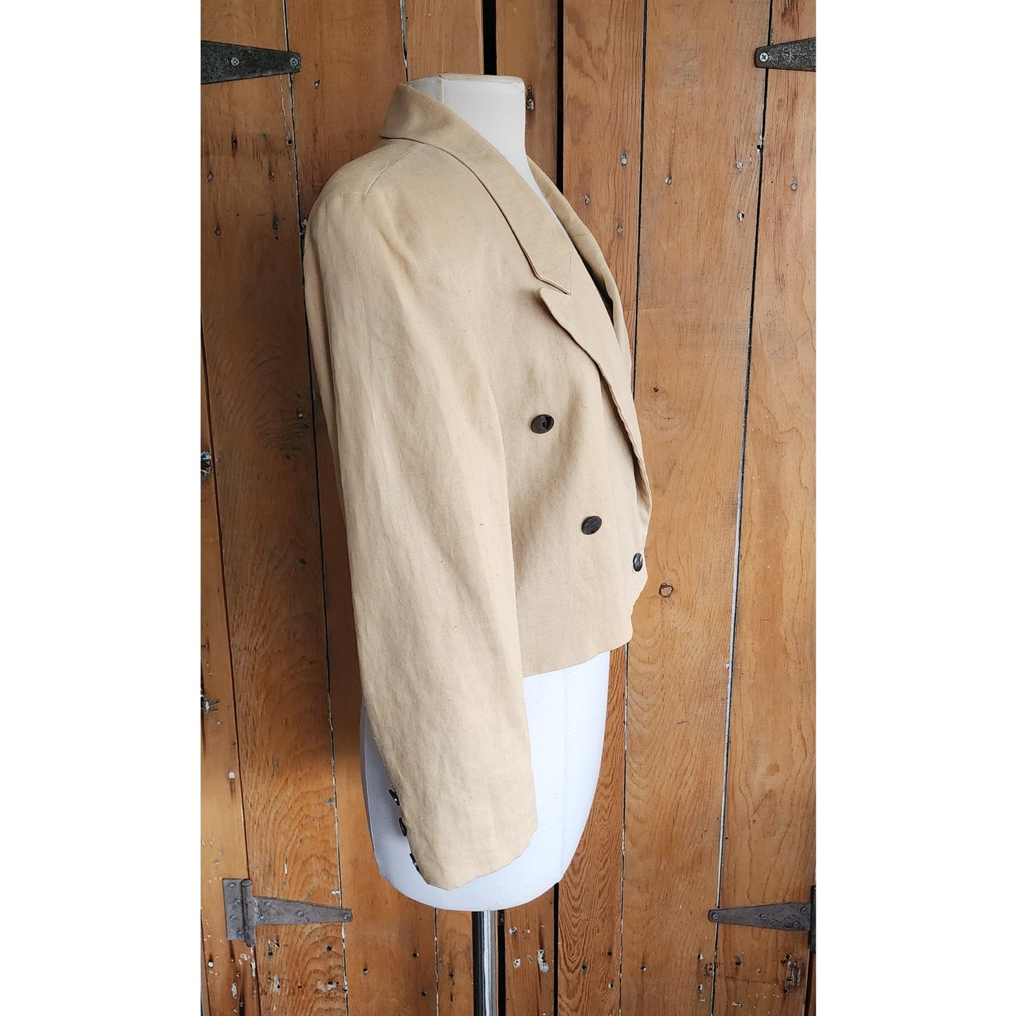 Vintage 80s Beige Linen Blazer Cropped Jacket Marshall Fields