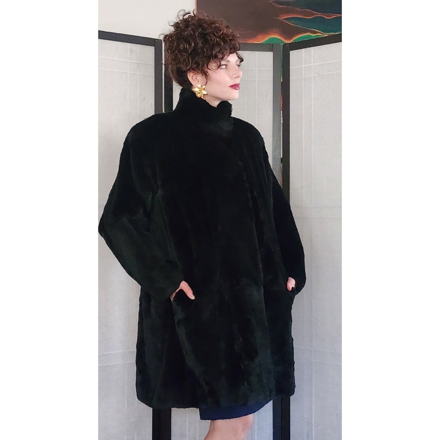 80s Black Rabbit Fur Coat Carole Little for Henri Bendel