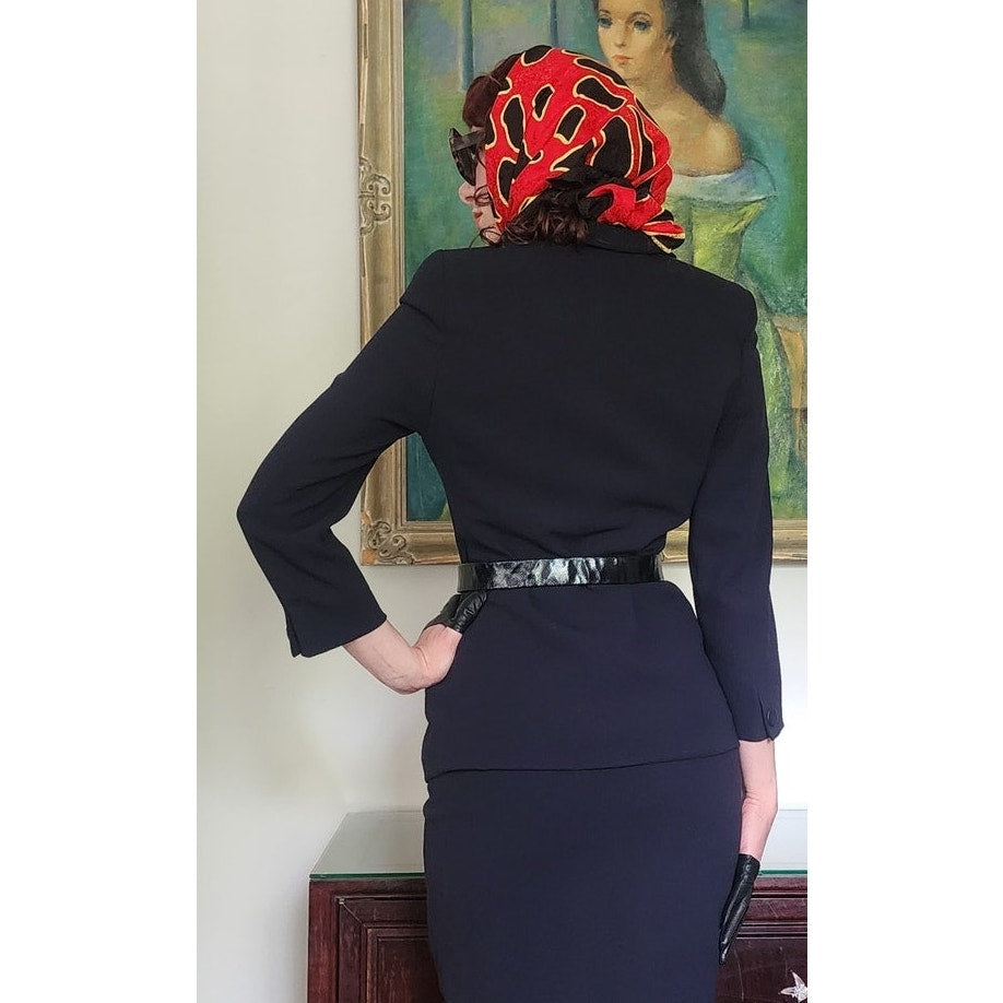 Vintage 90s Armani Skirt Suit Black or Dark Navy Blue Wool / S
