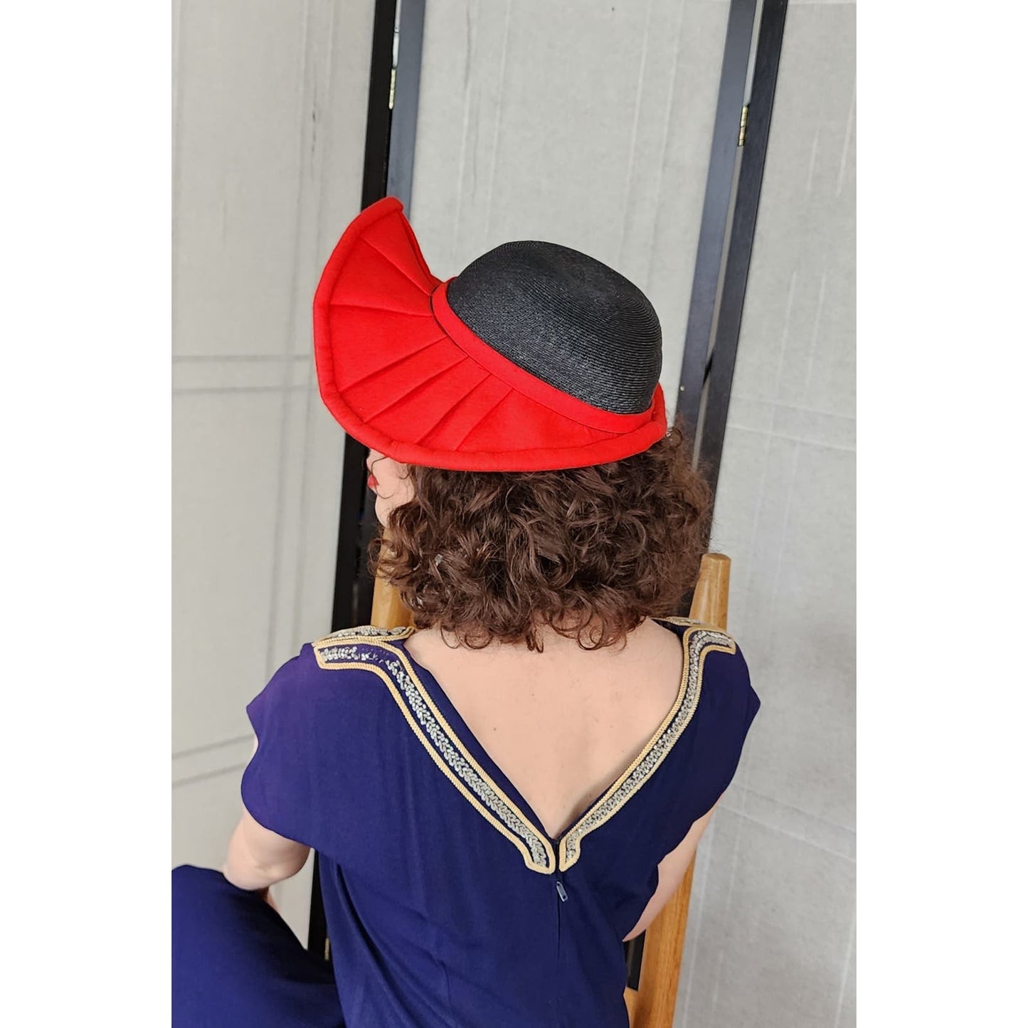 Vintage 40s Wide Brimmed Hat Red Navy Blue Asymmetrical Modernist