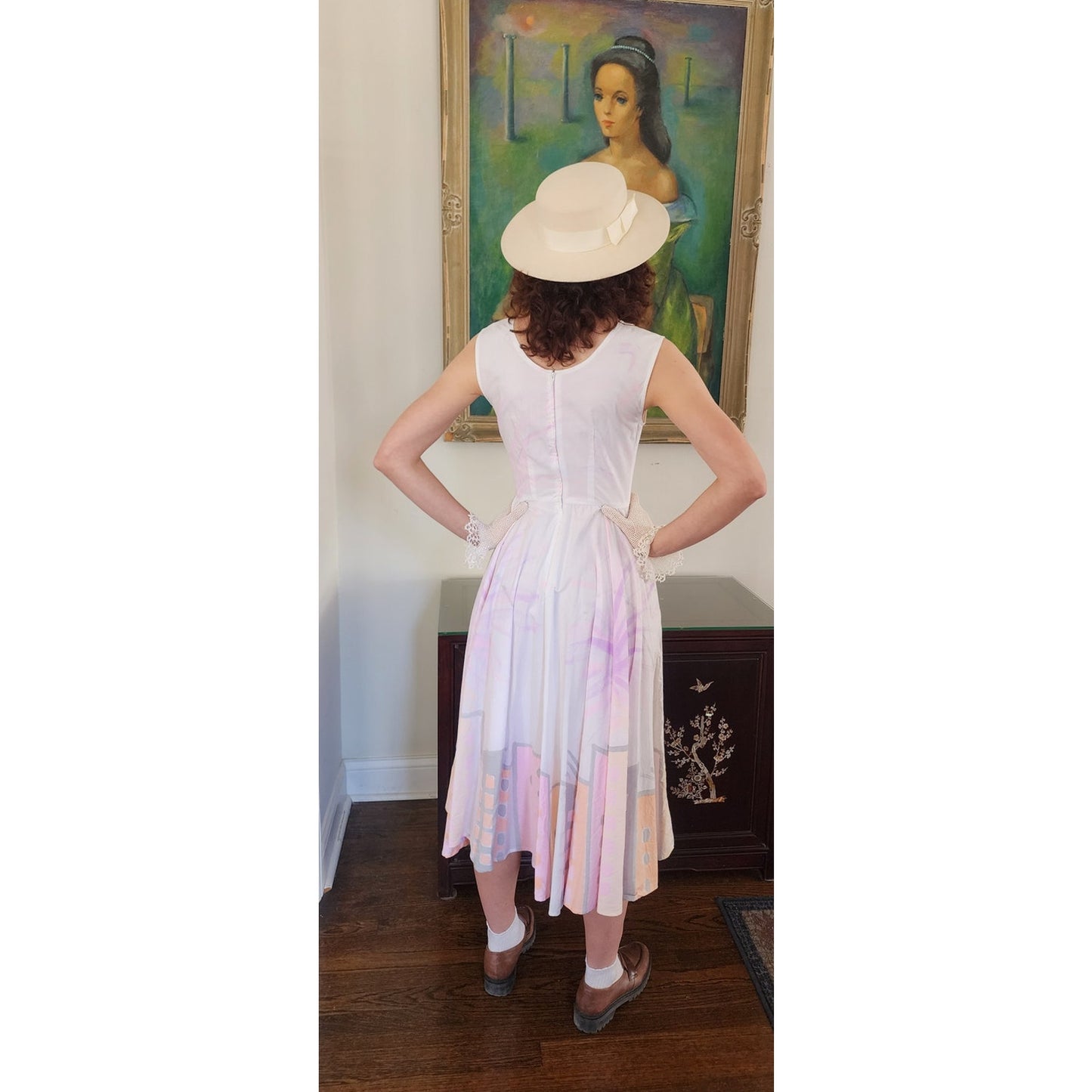 Vintage 90s Cotton Print Sun Dress Sleeveless White Pink Cityscape Print Circle Skirt / S