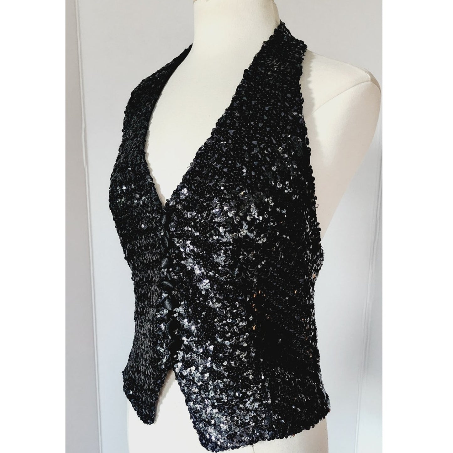 Vintage 70s 80s Halter Top Vest Black Sequins
