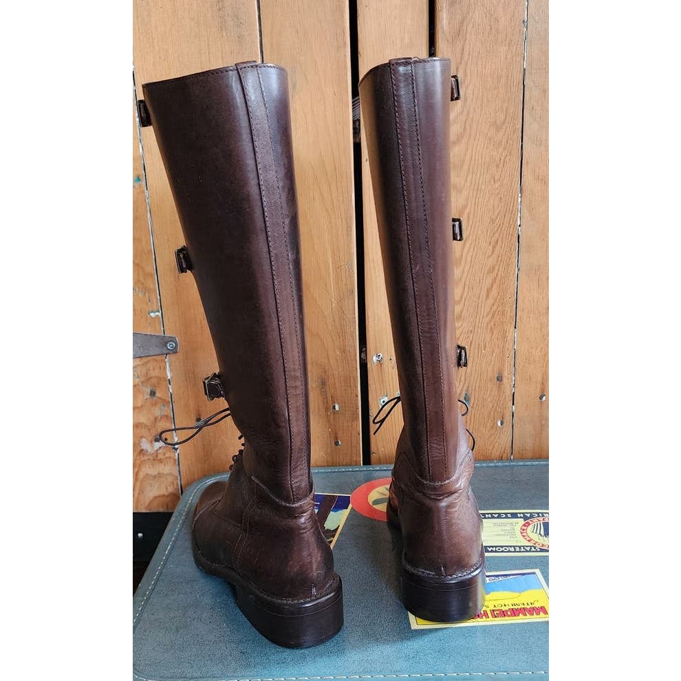 Vintage Brown Leather Knee Boots J Peterman Lace Up + Buckle Closure 6.5