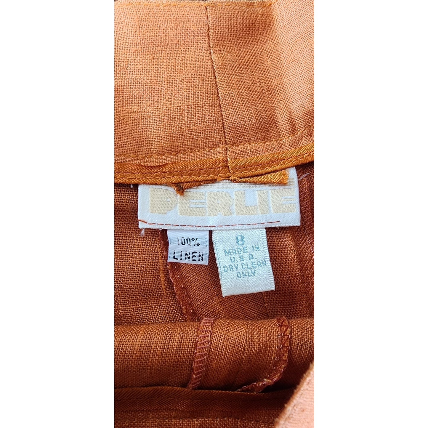 Vintage 1980s Orange Linen Dress Shorts Pleated Front by Perlie / M