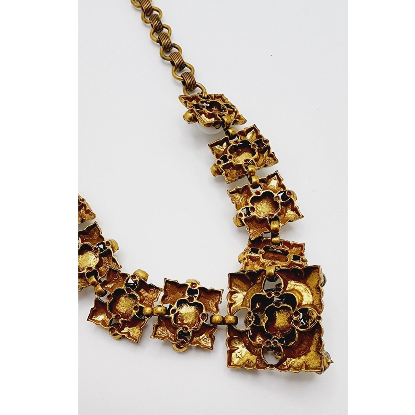 1960s Choker Necklace White Milk Glass & Gold Baroque Style