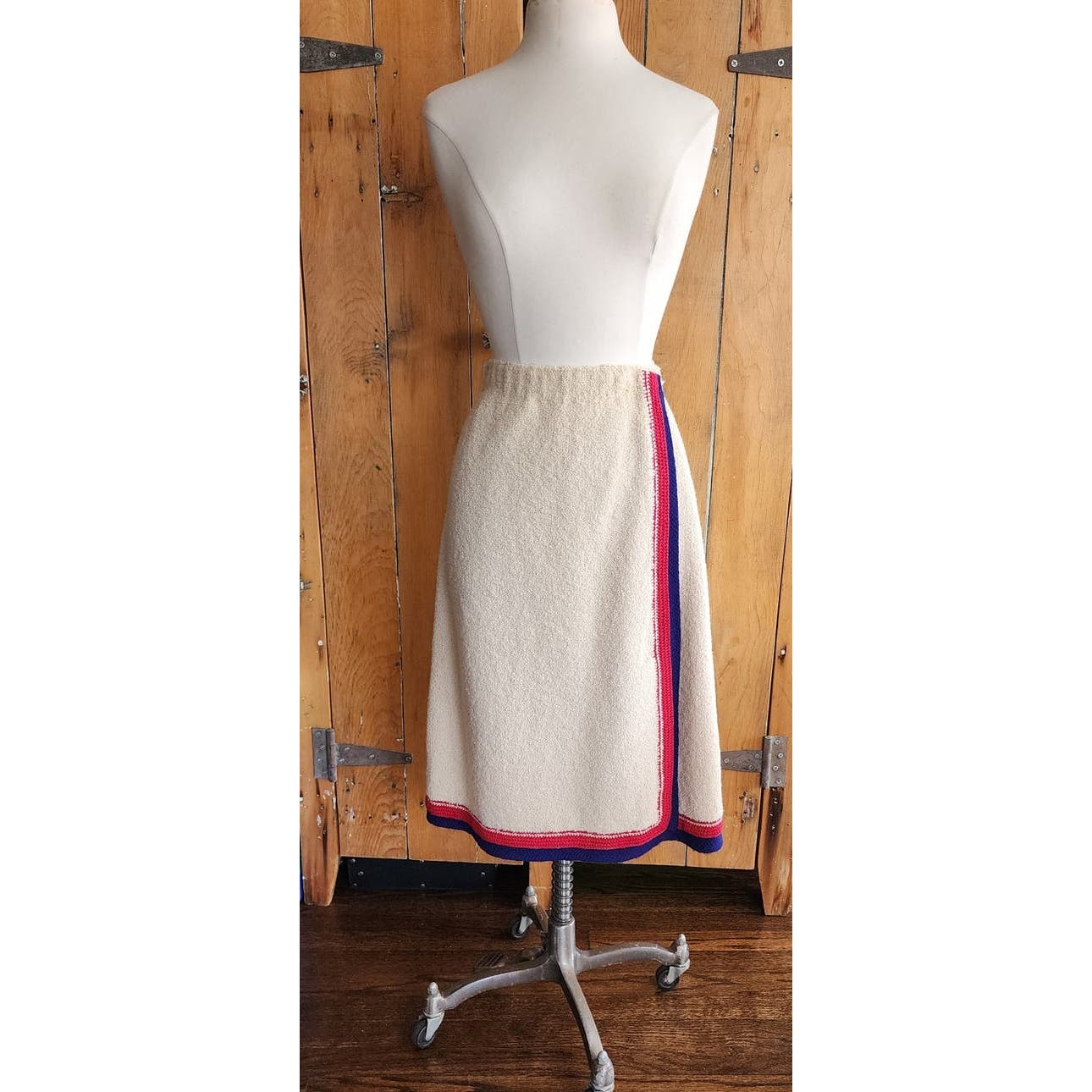 Vintage 60s Adolfo Skirt Suit Cream Blue Red Knit in Chanel Style