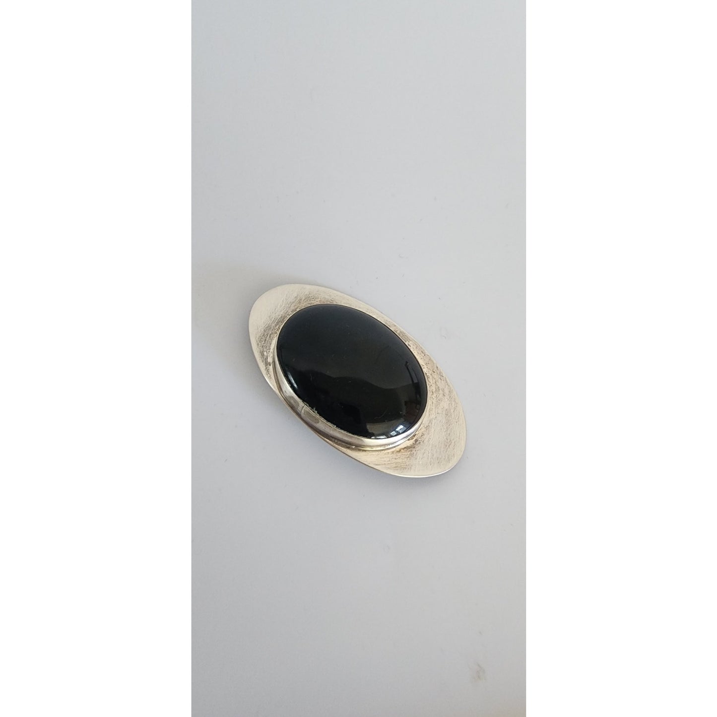 Vintage 90s Silver Brooch Black Onyx & Silver Eye Pin Signed