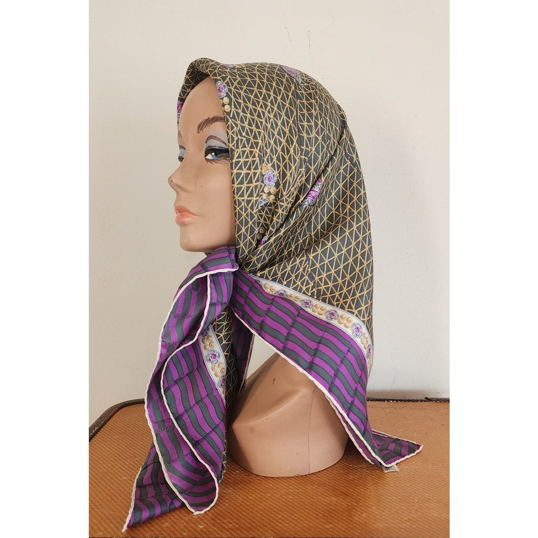 Vintage Bottega Veneta Silk Scarf Green Purple Jewelry Print