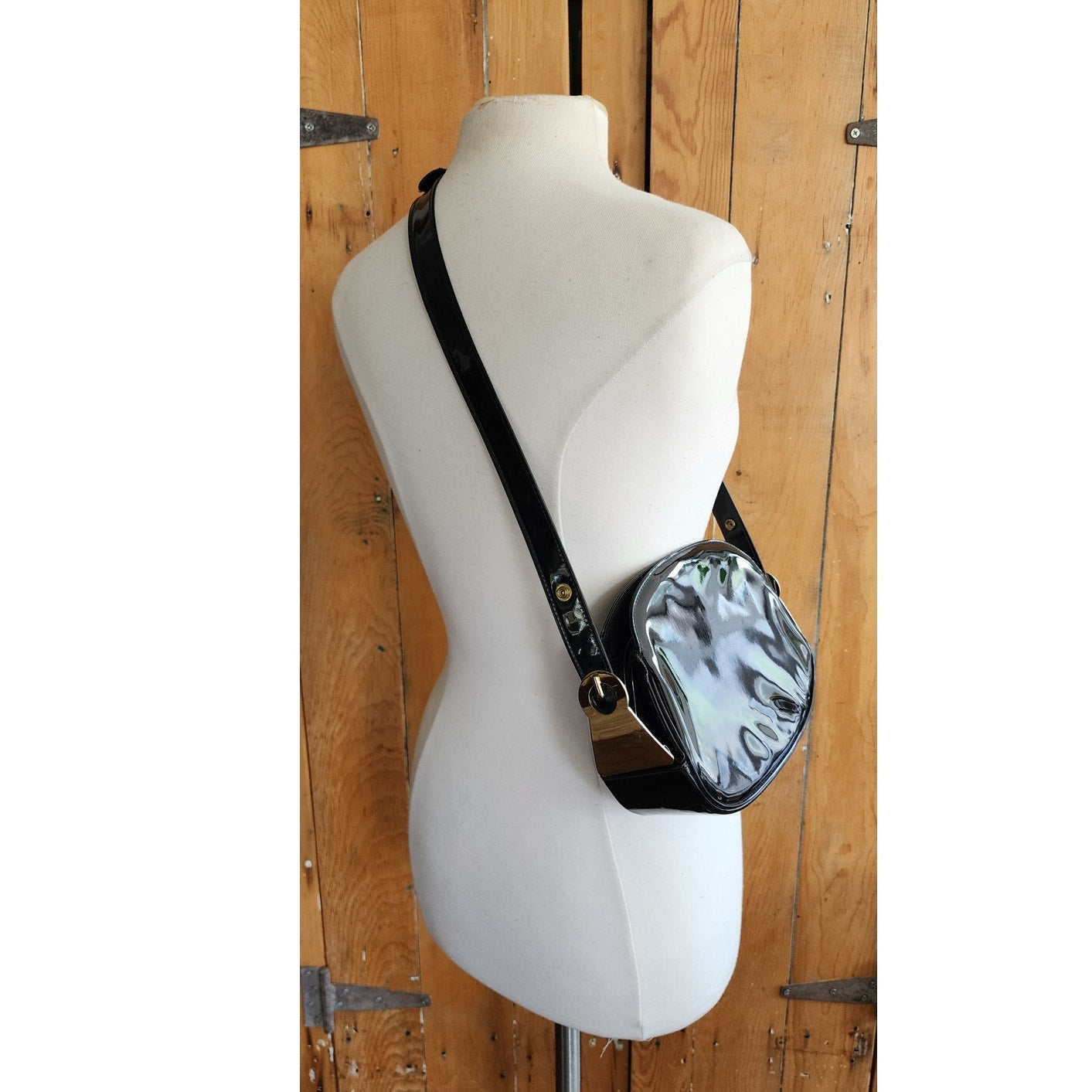 Vintage 60s Mod Black Purse Patent Leather Convertible Shoulder Bag