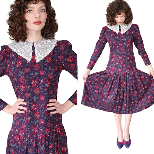 Vintage 1980s Laura Ashley Dress Dark Floral Print Lace Collar Long Sleeve