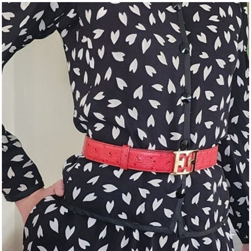 Vintage 1979 Yves Saint Laurent Skirt Suit Heart Print Silk Black White / S