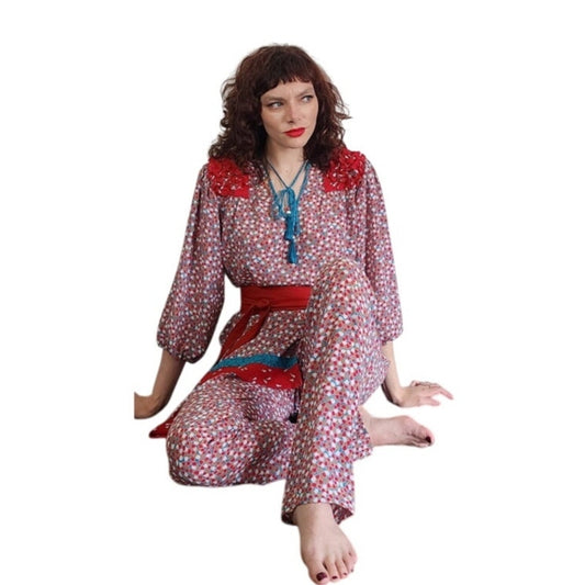 Vintage 1980s Lachine Tunic + Pants Set Polyester Georgette Red Graphic Print / Medium